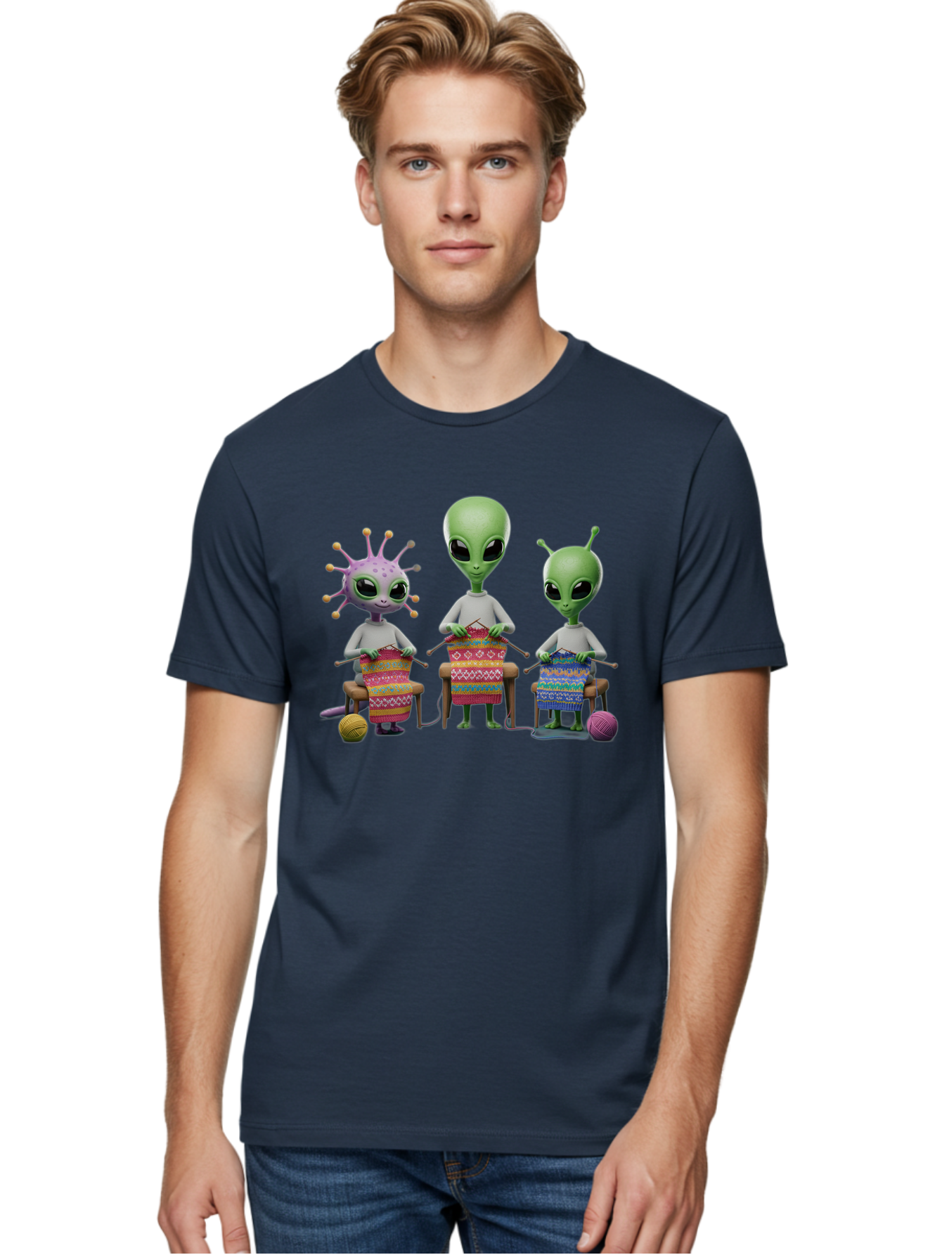 Aliens-Knitting Men'S Graphic Tee, 100% Cotton, Comfortable Casual Summer Wear, Machine Washable, Cartoon Aliens, Knitting Patterns, Colorful Yarn, Creative Creatures, Extraterrestrial Hobby, Playful Illustration, Knitting Needles, Bab638