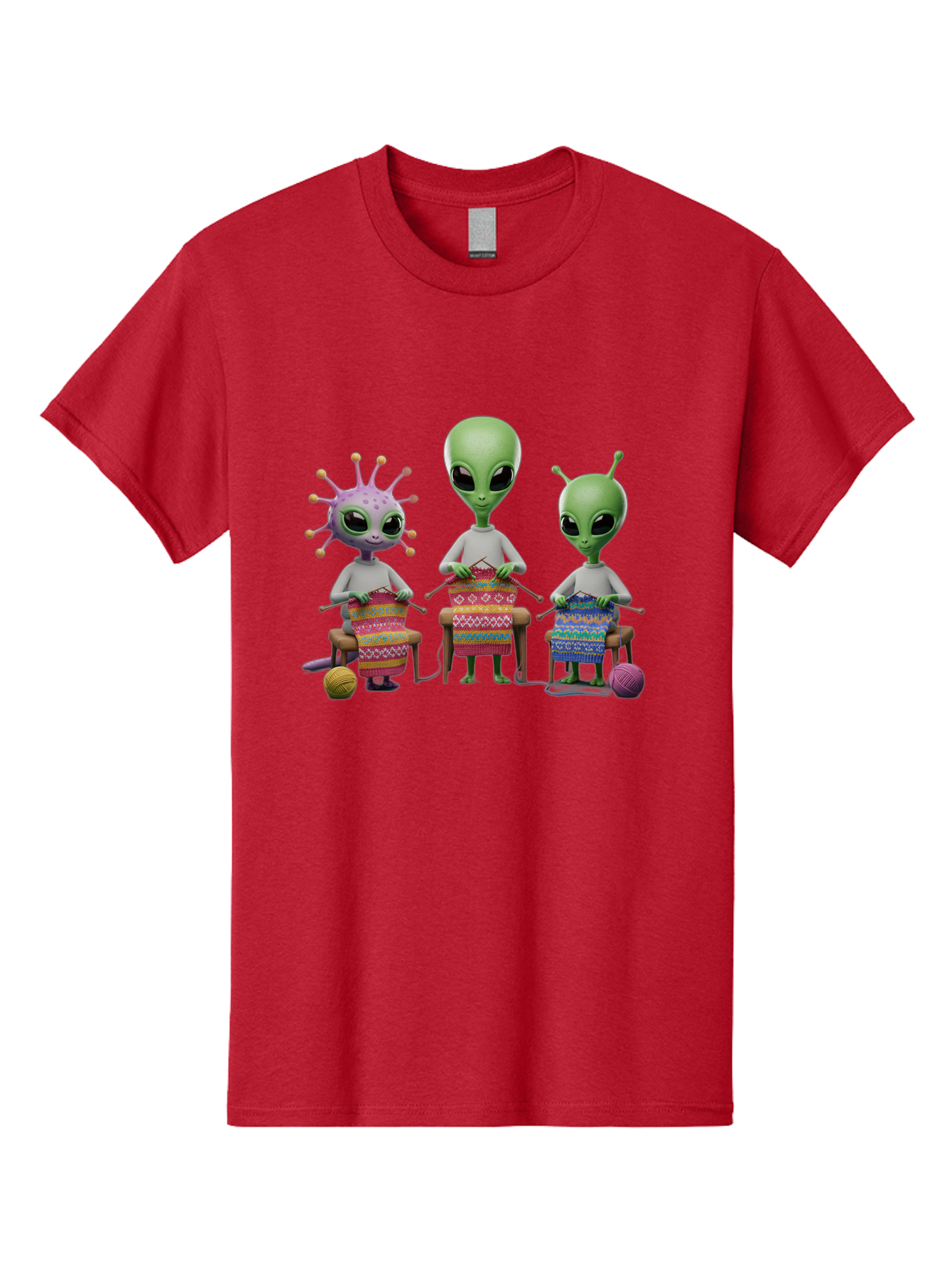 Aliens-Knitting Men'S Graphic Tee, 100% Cotton, Comfortable Casual Summer Wear, Machine Washable, Cartoon Aliens, Knitting Patterns, Colorful Yarn, Creative Creatures, Extraterrestrial Hobby, Playful Illustration, Knitting Needles, Bab638