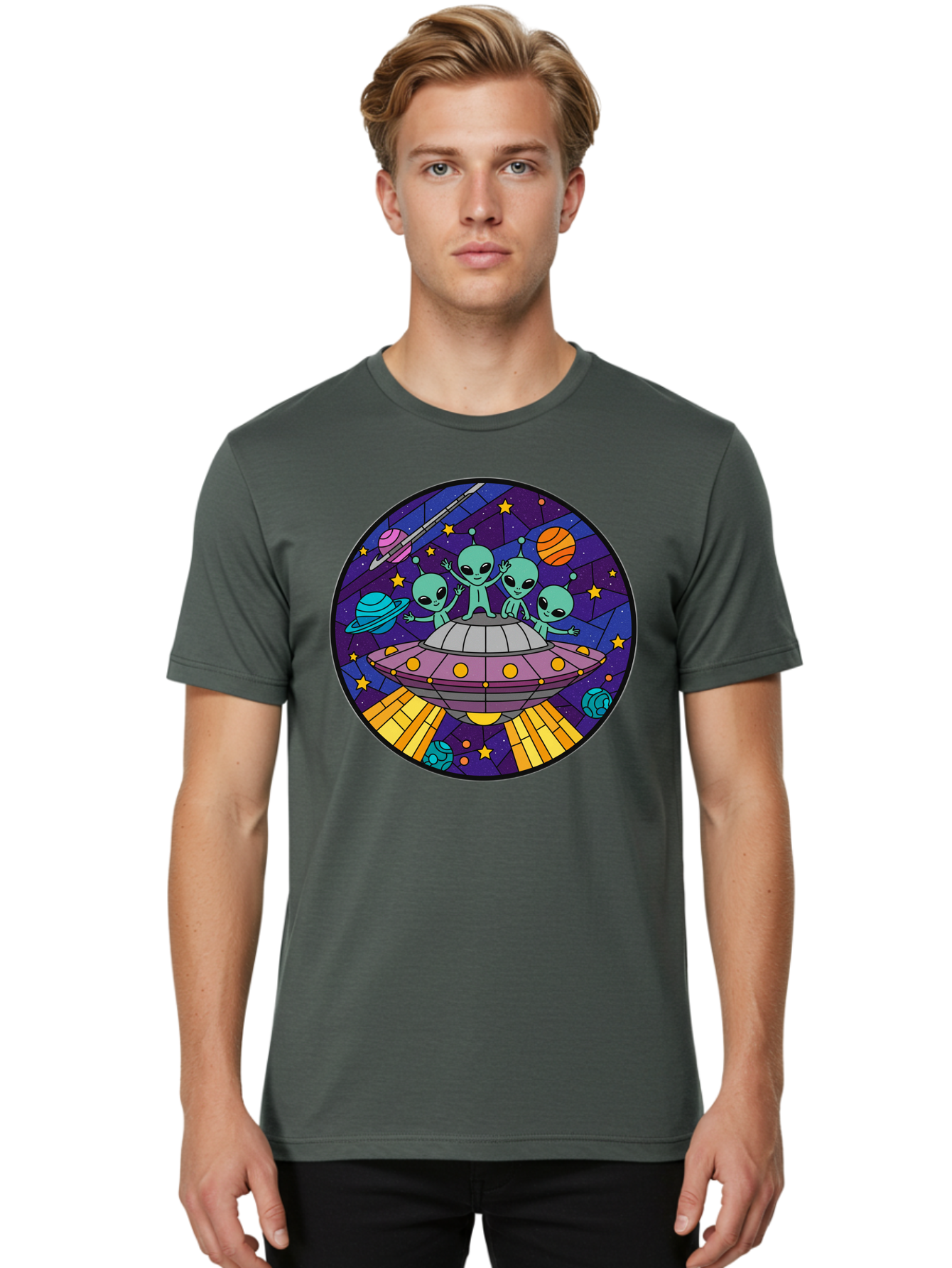 Aliens-On-Ufo-1 Men'S Graphic Tee, 100% Cotton, Comfortable Casual Summer Wear, Machine Washable, Aliens On A Spaceship, Cartoon Aliens, Ufo Sighting, Extraterrestrial Life, Space Travel, Planetary Exploration, Intergalactic Adventure, Bab639