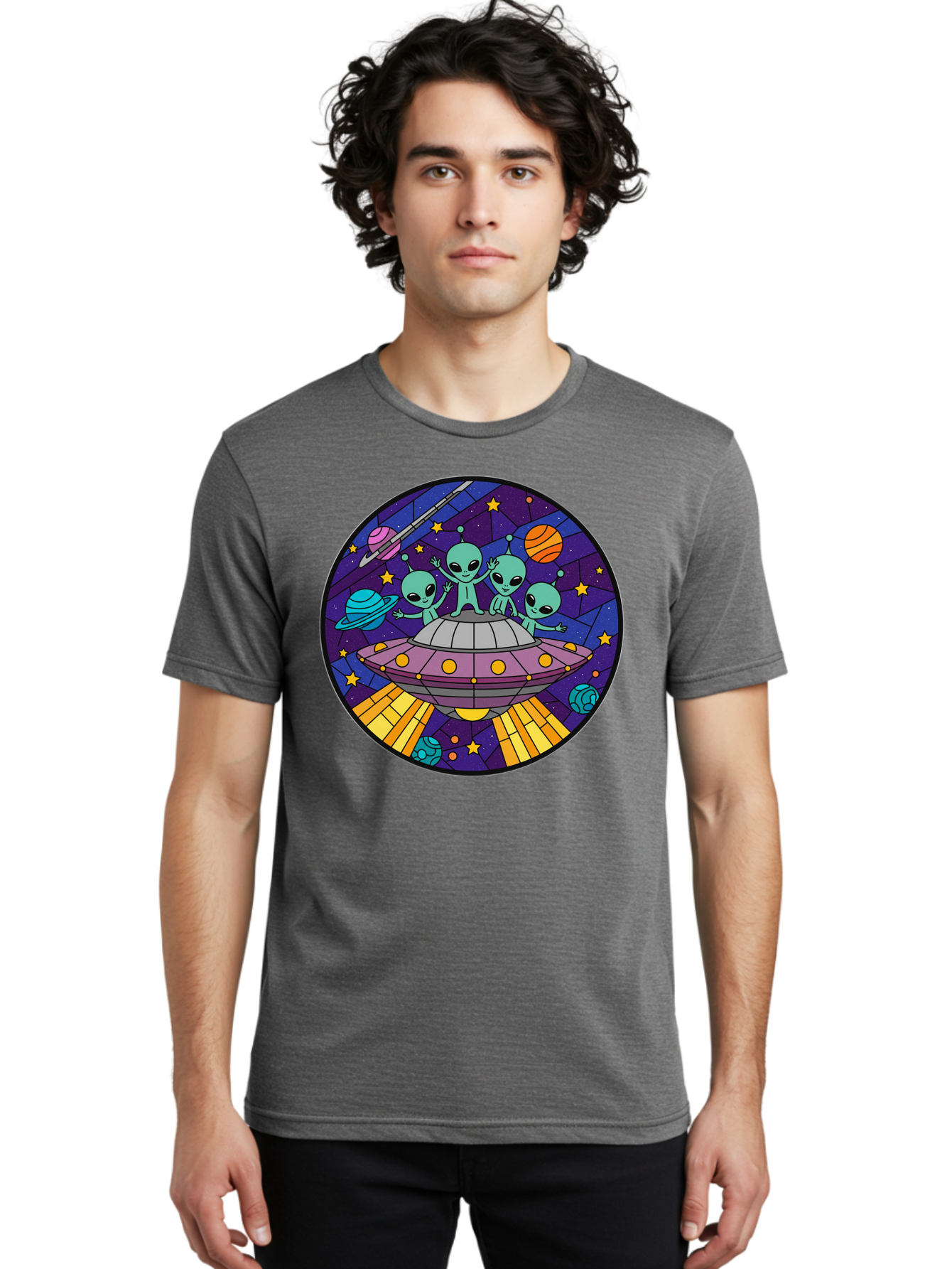Aliens-On-Ufo-1 Men'S Graphic Tee, 100% Cotton, Comfortable Casual Summer Wear, Machine Washable, Aliens On A Spaceship, Cartoon Aliens, Ufo Sighting, Extraterrestrial Life, Space Travel, Planetary Exploration, Intergalactic Adventure, Bab639