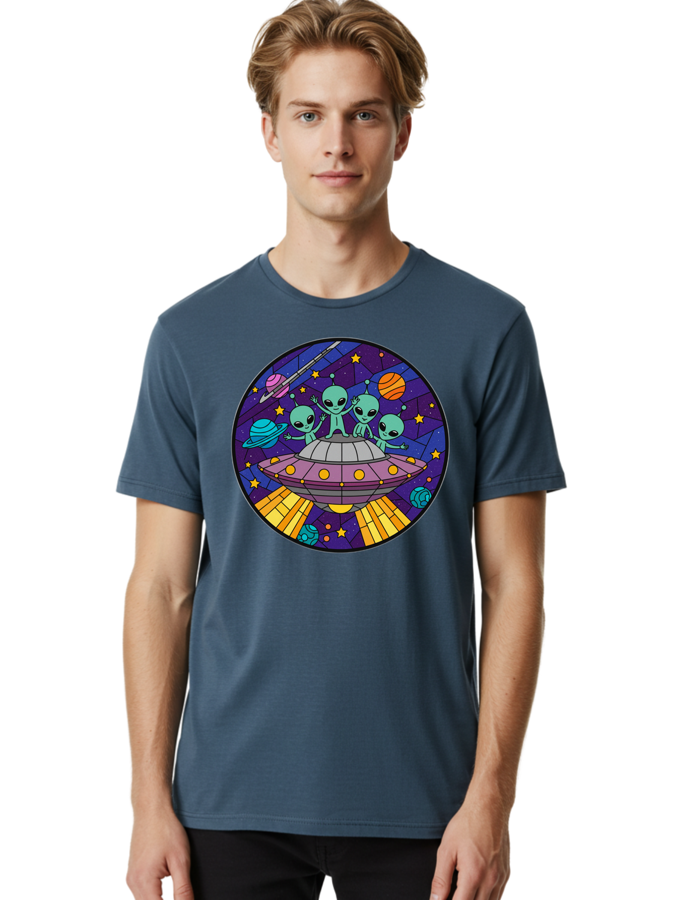 Aliens-On-Ufo-1 Men'S Graphic Tee, 100% Cotton, Comfortable Casual Summer Wear, Machine Washable, Aliens On A Spaceship, Cartoon Aliens, Ufo Sighting, Extraterrestrial Life, Space Travel, Planetary Exploration, Intergalactic Adventure, Bab639