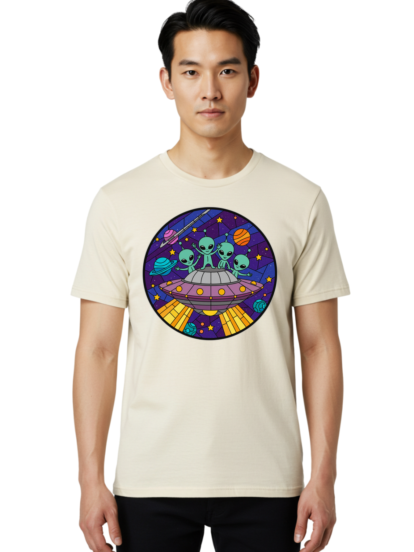 Aliens-On-Ufo-1 Men'S Graphic Tee, 100% Cotton, Comfortable Casual Summer Wear, Machine Washable, Aliens On A Spaceship, Cartoon Aliens, Ufo Sighting, Extraterrestrial Life, Space Travel, Planetary Exploration, Intergalactic Adventure, Bab639