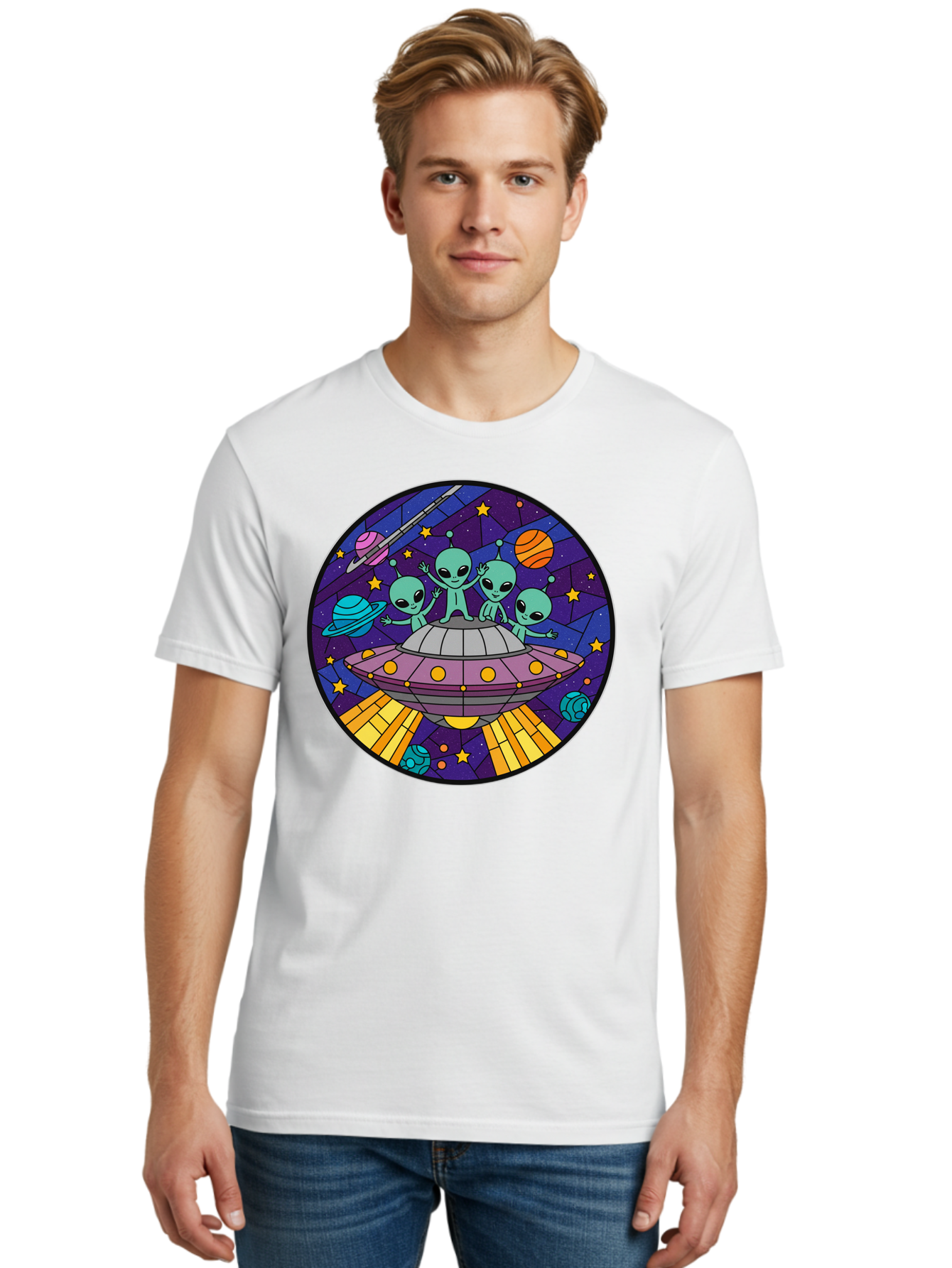 Aliens-On-Ufo-1 Men'S Graphic Tee, 100% Cotton, Comfortable Casual Summer Wear, Machine Washable, Aliens On A Spaceship, Cartoon Aliens, Ufo Sighting, Extraterrestrial Life, Space Travel, Planetary Exploration, Intergalactic Adventure, Bab639