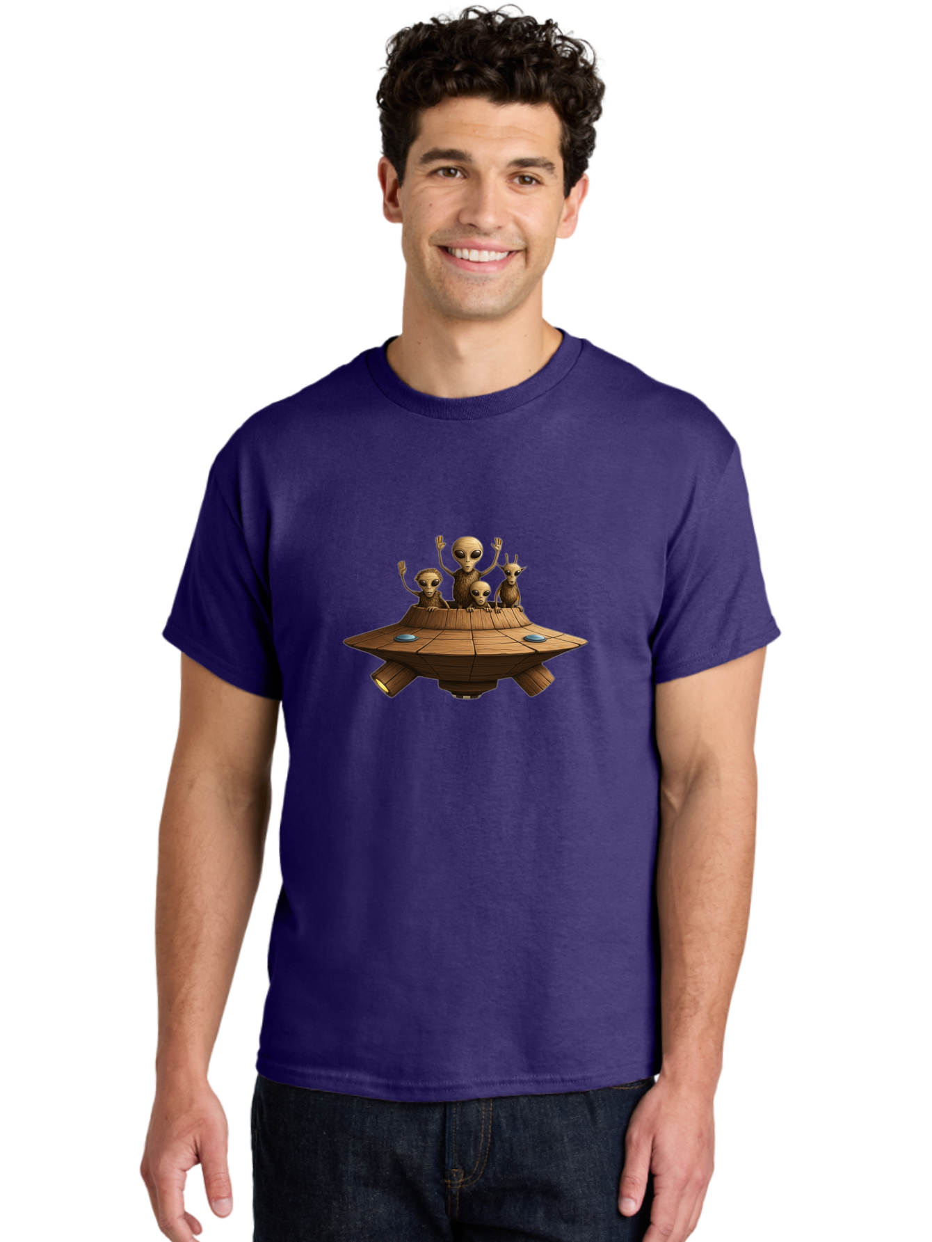 Aliens-On-Ufo-2 Men'S Graphic Tee, 100% Cotton, Comfortable Casual Summer Wear, Machine Washable, Aliens On Spaceship, Ufo Sighting, Extraterrestrial Life, Alien Family, Flying Saucer, Cartoon Style, Humorous Alien Encounter, Sci-Fi Humor, Bab640