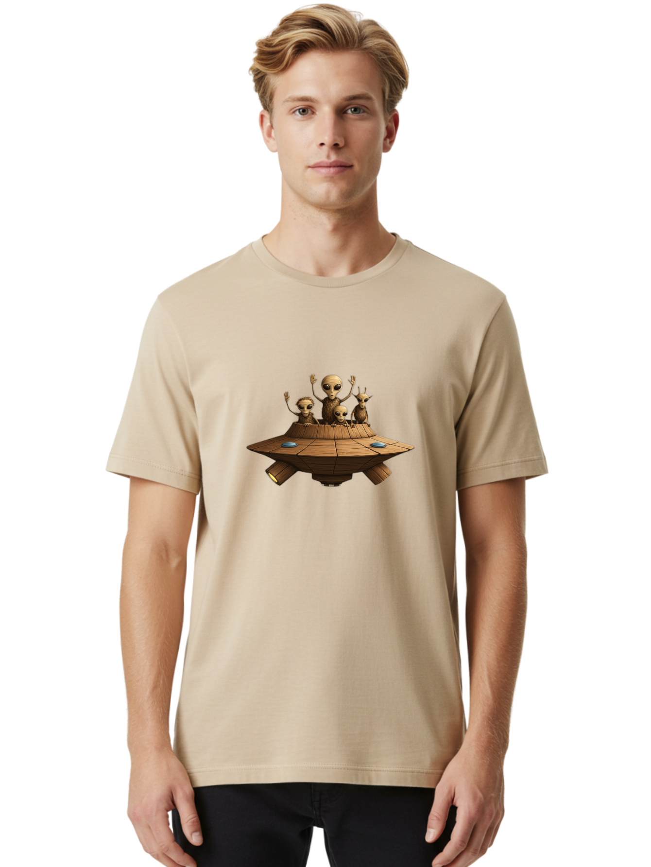 Aliens-On-Ufo-2 Men'S Graphic Tee, 100% Cotton, Comfortable Casual Summer Wear, Machine Washable, Aliens On Spaceship, Ufo Sighting, Extraterrestrial Life, Alien Family, Flying Saucer, Cartoon Style, Humorous Alien Encounter, Sci-Fi Humor, Bab640