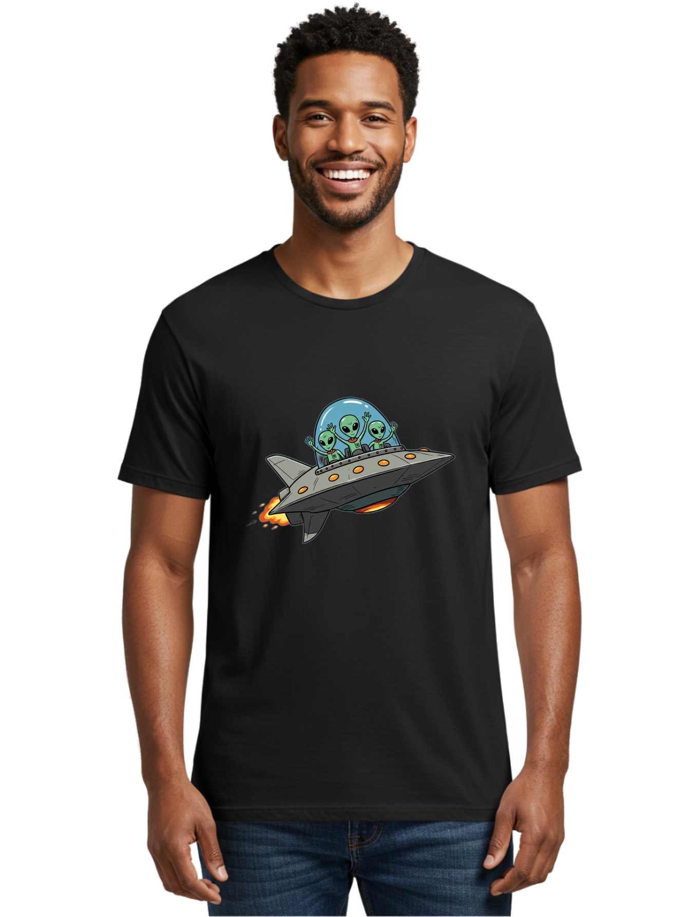 Aliens-On-Ufo-3 Men'S Graphic Tee, 100% Cotton, Comfortable Casual Summer Wear, Machine Washable, Cartoon Aliens, Grey Spaceship, Extraterrestrial Travel, Alien Adventure, Sci-Fi, Futuristic, Space Exploration, Friendly Aliens, Bab641