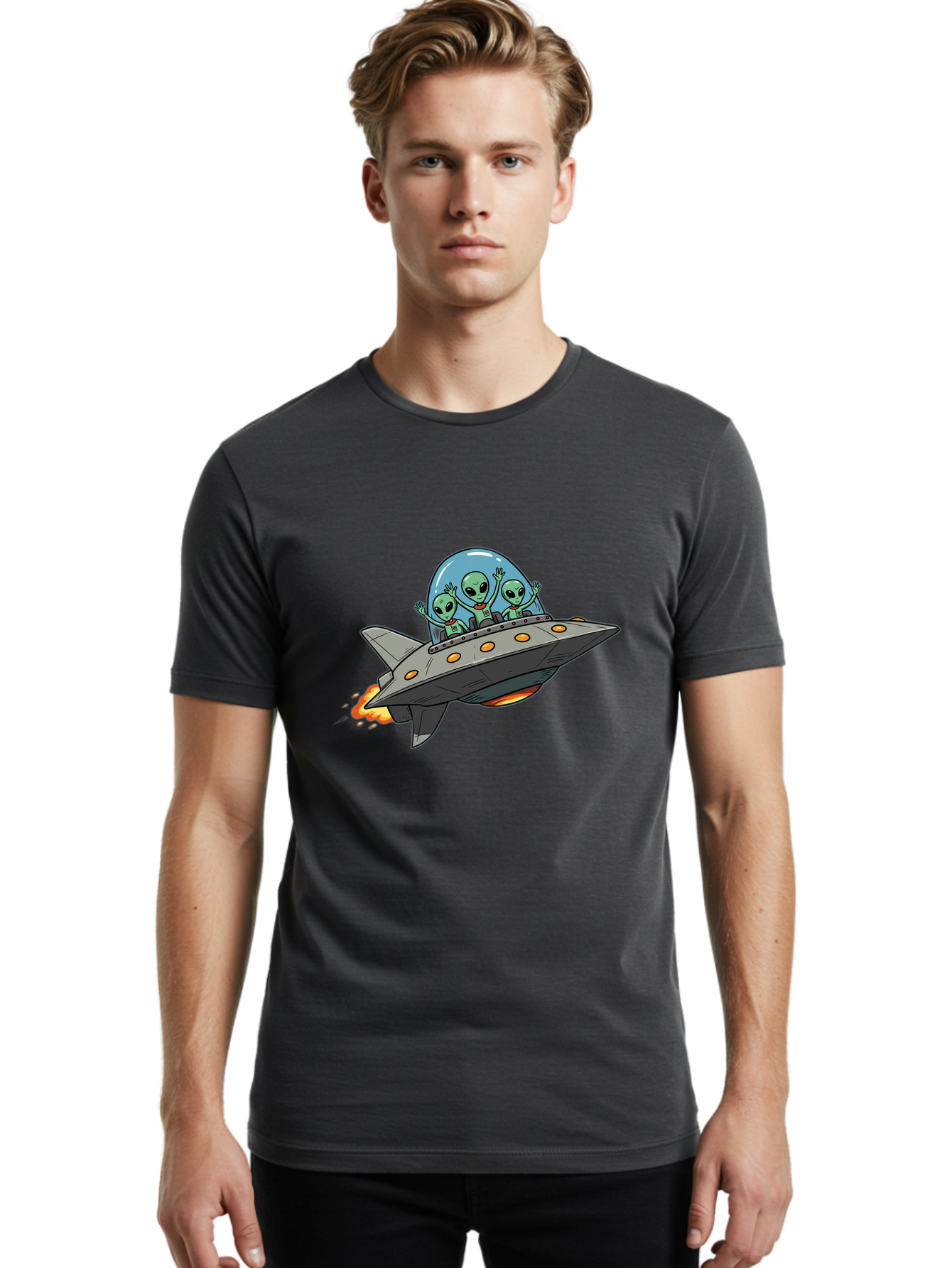 Aliens-On-Ufo-3 Men'S Graphic Tee, 100% Cotton, Comfortable Casual Summer Wear, Machine Washable, Cartoon Aliens, Grey Spaceship, Extraterrestrial Travel, Alien Adventure, Sci-Fi, Futuristic, Space Exploration, Friendly Aliens, Bab641