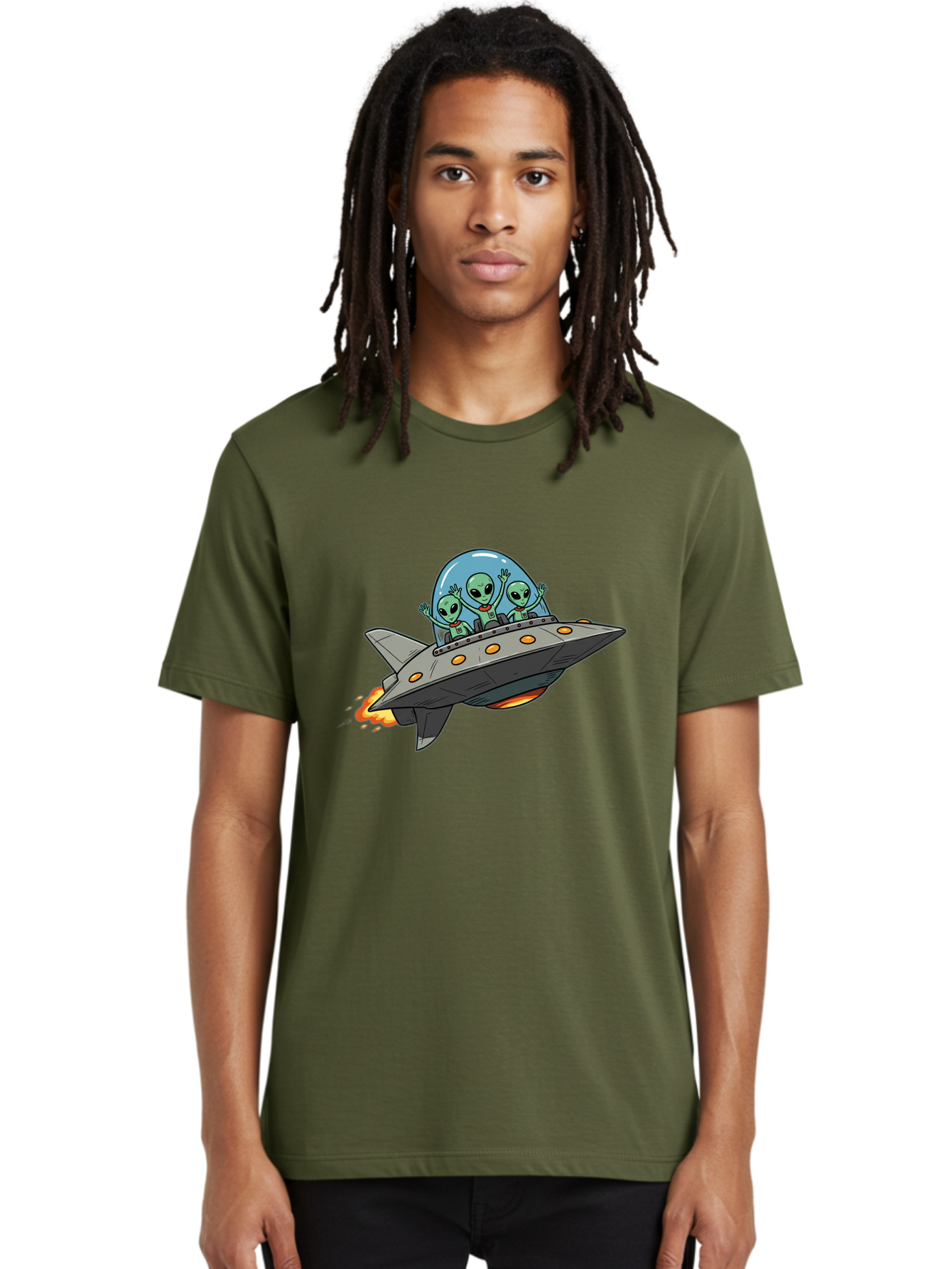 Aliens-On-Ufo-3 Men'S Graphic Tee, 100% Cotton, Comfortable Casual Summer Wear, Machine Washable, Cartoon Aliens, Grey Spaceship, Extraterrestrial Travel, Alien Adventure, Sci-Fi, Futuristic, Space Exploration, Friendly Aliens, Bab641