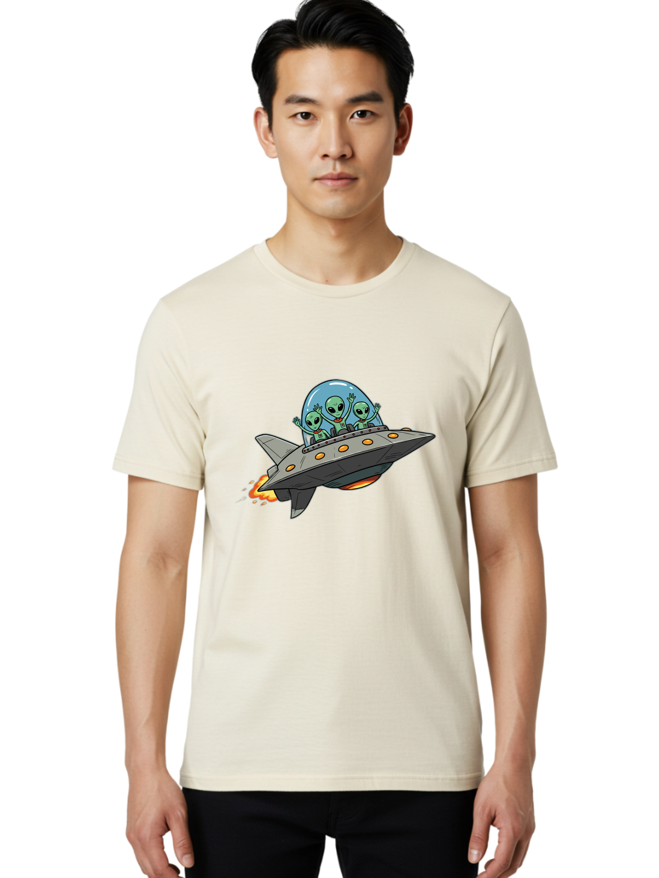 Aliens-On-Ufo-3 Men'S Graphic Tee, 100% Cotton, Comfortable Casual Summer Wear, Machine Washable, Cartoon Aliens, Grey Spaceship, Extraterrestrial Travel, Alien Adventure, Sci-Fi, Futuristic, Space Exploration, Friendly Aliens, Bab641