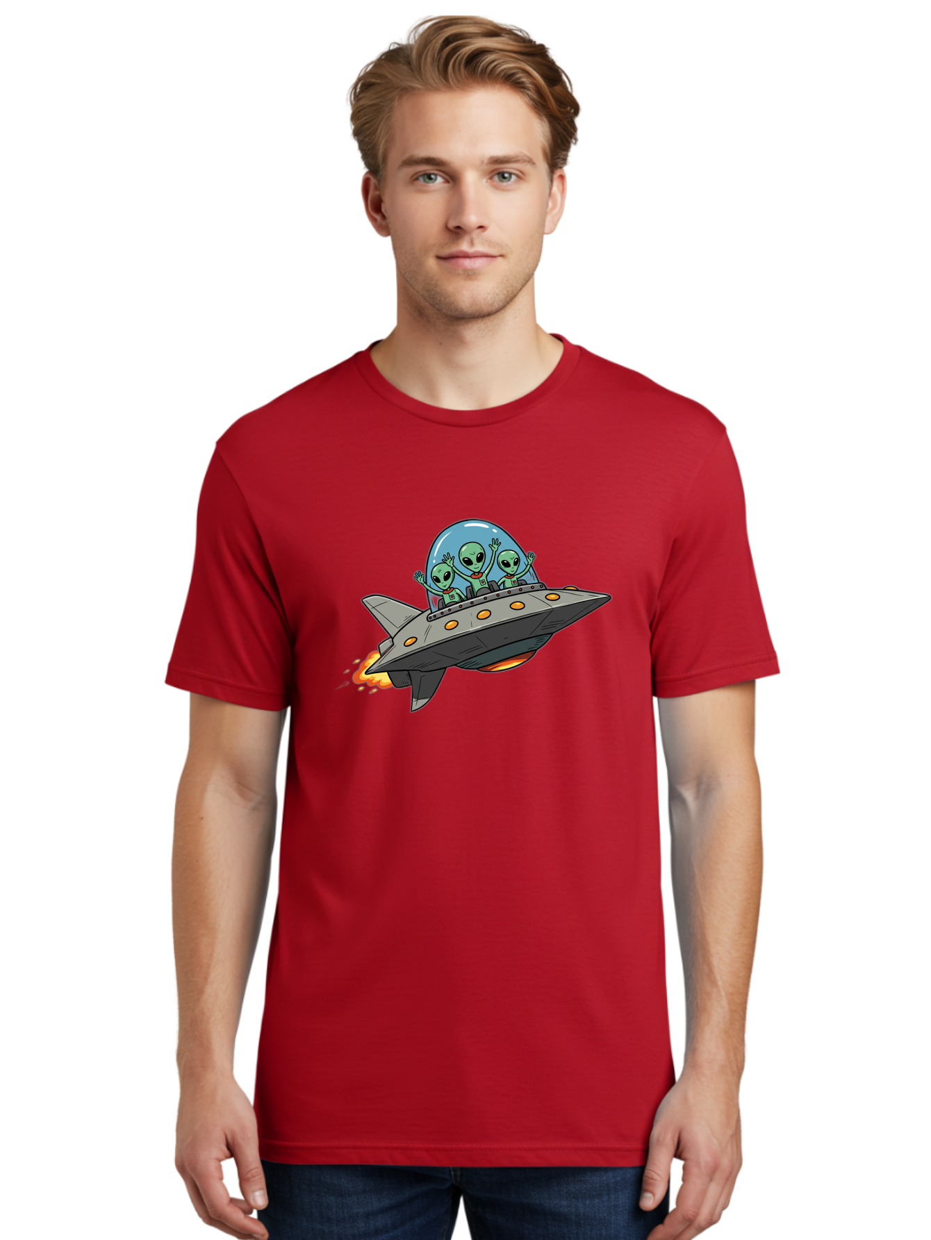 Aliens-On-Ufo-3 Men'S Graphic Tee, 100% Cotton, Comfortable Casual Summer Wear, Machine Washable, Cartoon Aliens, Grey Spaceship, Extraterrestrial Travel, Alien Adventure, Sci-Fi, Futuristic, Space Exploration, Friendly Aliens, Bab641