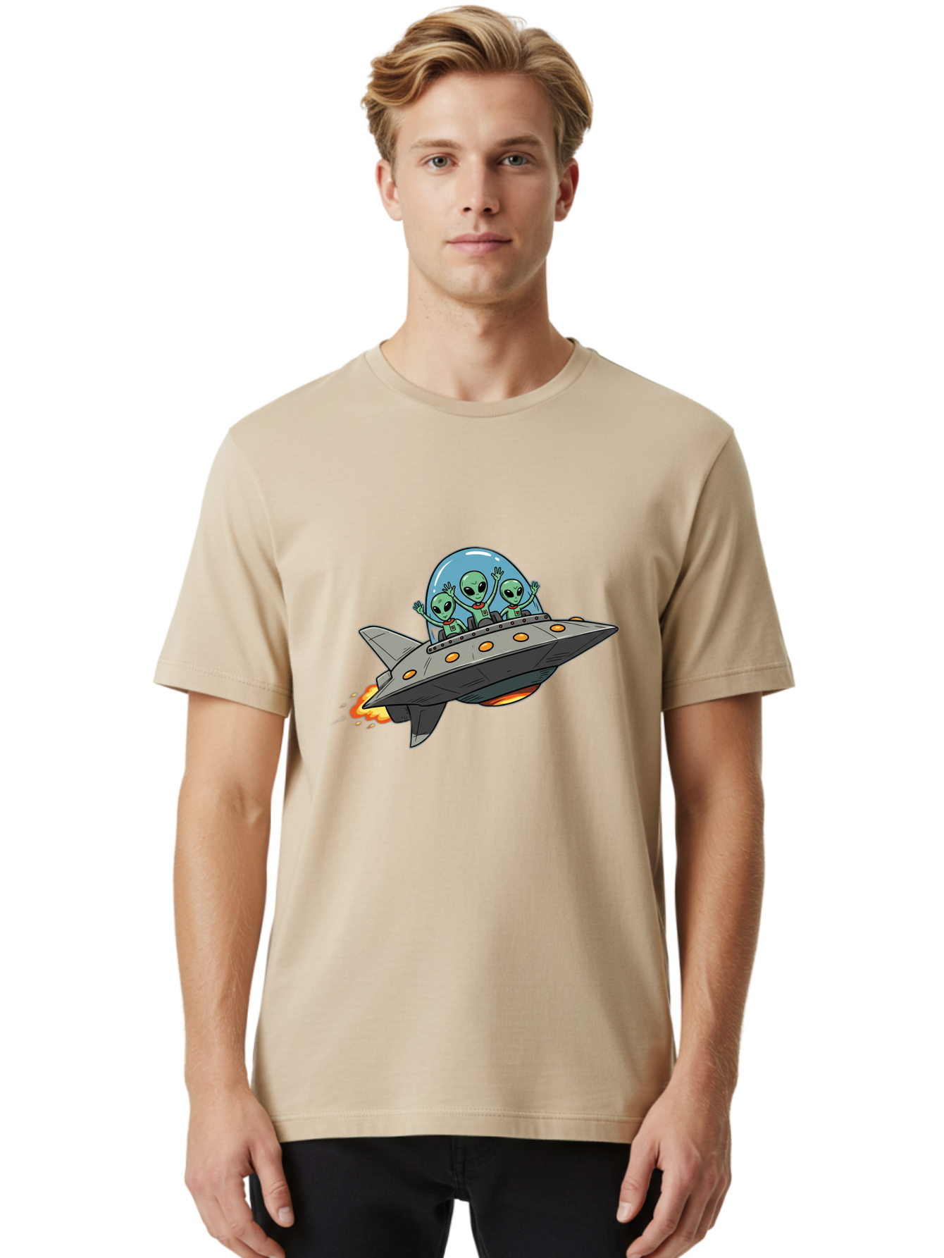 Aliens-On-Ufo-3 Men'S Graphic Tee, 100% Cotton, Comfortable Casual Summer Wear, Machine Washable, Cartoon Aliens, Grey Spaceship, Extraterrestrial Travel, Alien Adventure, Sci-Fi, Futuristic, Space Exploration, Friendly Aliens, Bab641