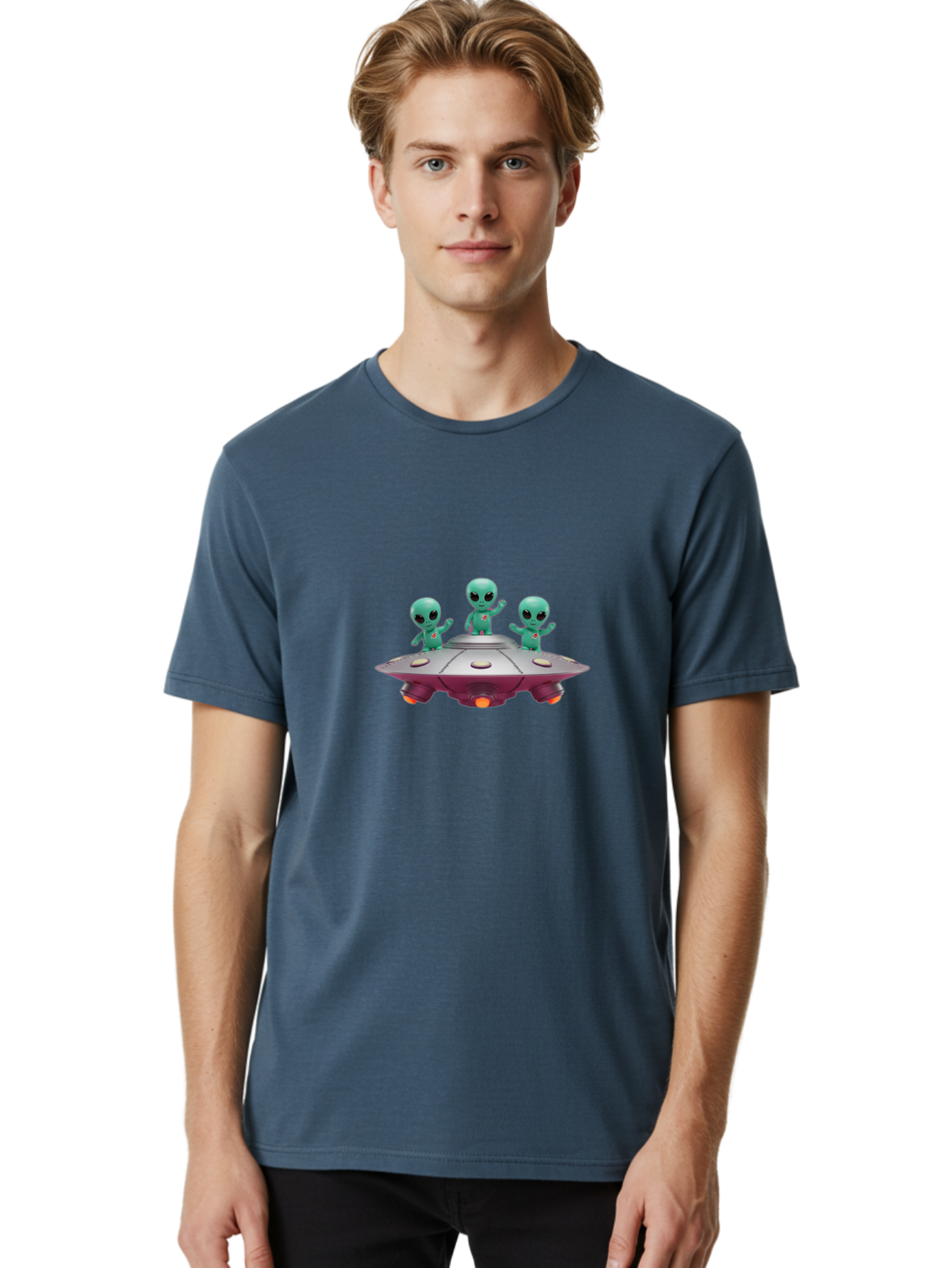 Aliens-On-Ufo Men'S Graphic Tee, 100% Cotton, Comfortable Casual Summer Wear, Machine Washable, Cartoon Aliens, Ufo Spaceship, Extraterrestrial Life, Science Fiction, Friendly Aliens, Outer Space, Futuristic Design, Glowing Lights, Bab642