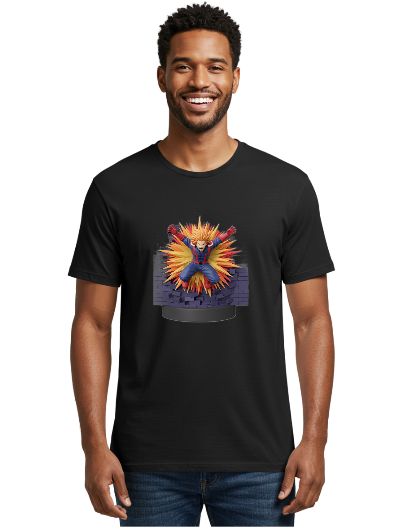 All-Might Men'S Graphic Tee, 100% Cotton, Comfortable Casual Summer Wear, Machine Washable, Anime Figurine, Action Figure, All Might, My Hero Academia, Intense Expression, Dynamic Pose, Blue And Red Costume, Dramatic Explosion, 3D Model, Bab643