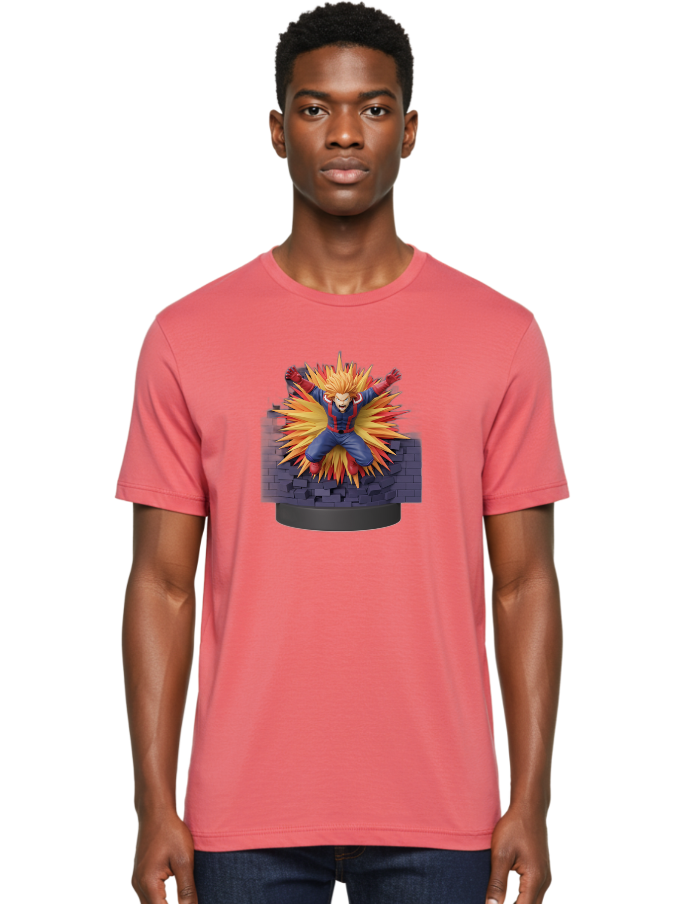 All-Might Men'S Graphic Tee, 100% Cotton, Comfortable Casual Summer Wear, Machine Washable, Anime Figurine, Action Figure, All Might, My Hero Academia, Intense Expression, Dynamic Pose, Blue And Red Costume, Dramatic Explosion, 3D Model, Bab643