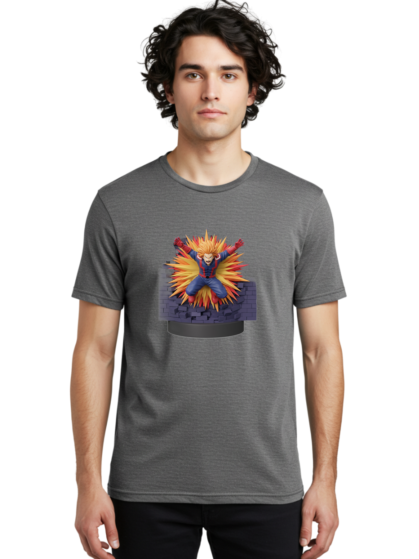All-Might Men'S Graphic Tee, 100% Cotton, Comfortable Casual Summer Wear, Machine Washable, Anime Figurine, Action Figure, All Might, My Hero Academia, Intense Expression, Dynamic Pose, Blue And Red Costume, Dramatic Explosion, 3D Model, Bab643