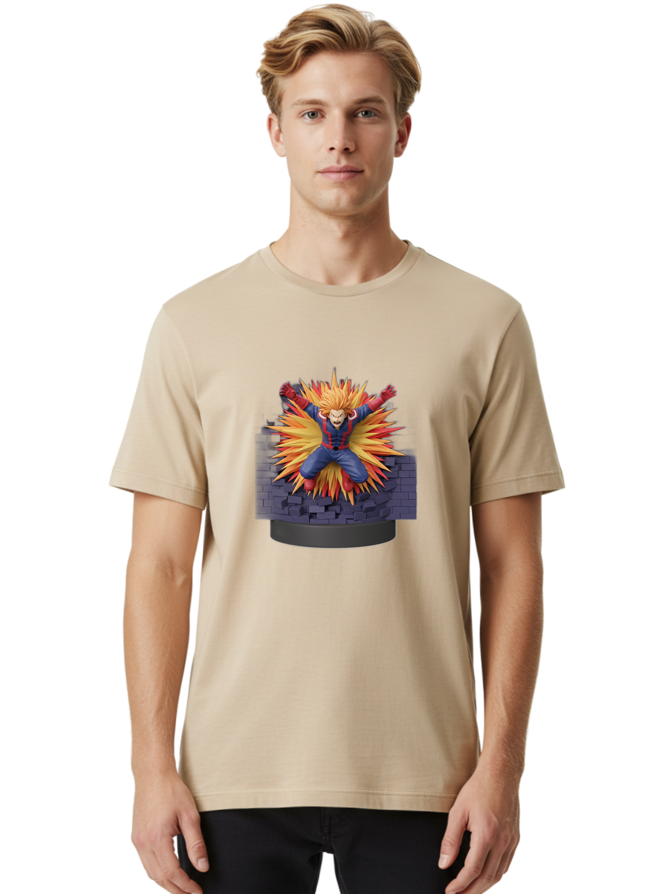 All-Might Men'S Graphic Tee, 100% Cotton, Comfortable Casual Summer Wear, Machine Washable, Anime Figurine, Action Figure, All Might, My Hero Academia, Intense Expression, Dynamic Pose, Blue And Red Costume, Dramatic Explosion, 3D Model, Bab643