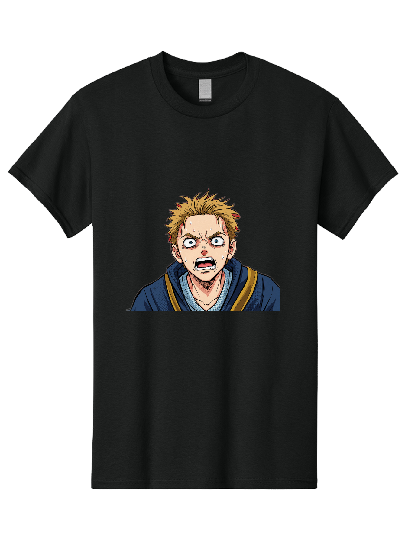 Angry-Anime-Boy Men'S Graphic Tee, 100% Cotton, Comfortable Casual Summer Wear, Machine Washable, Cartoon Character, Young Man, Blond Hair, Blue Hoodie, Shocked Expression, Wide-Eyed, Open-Mouthed, Intense Emotion, Dynamic Pose, Bab644
