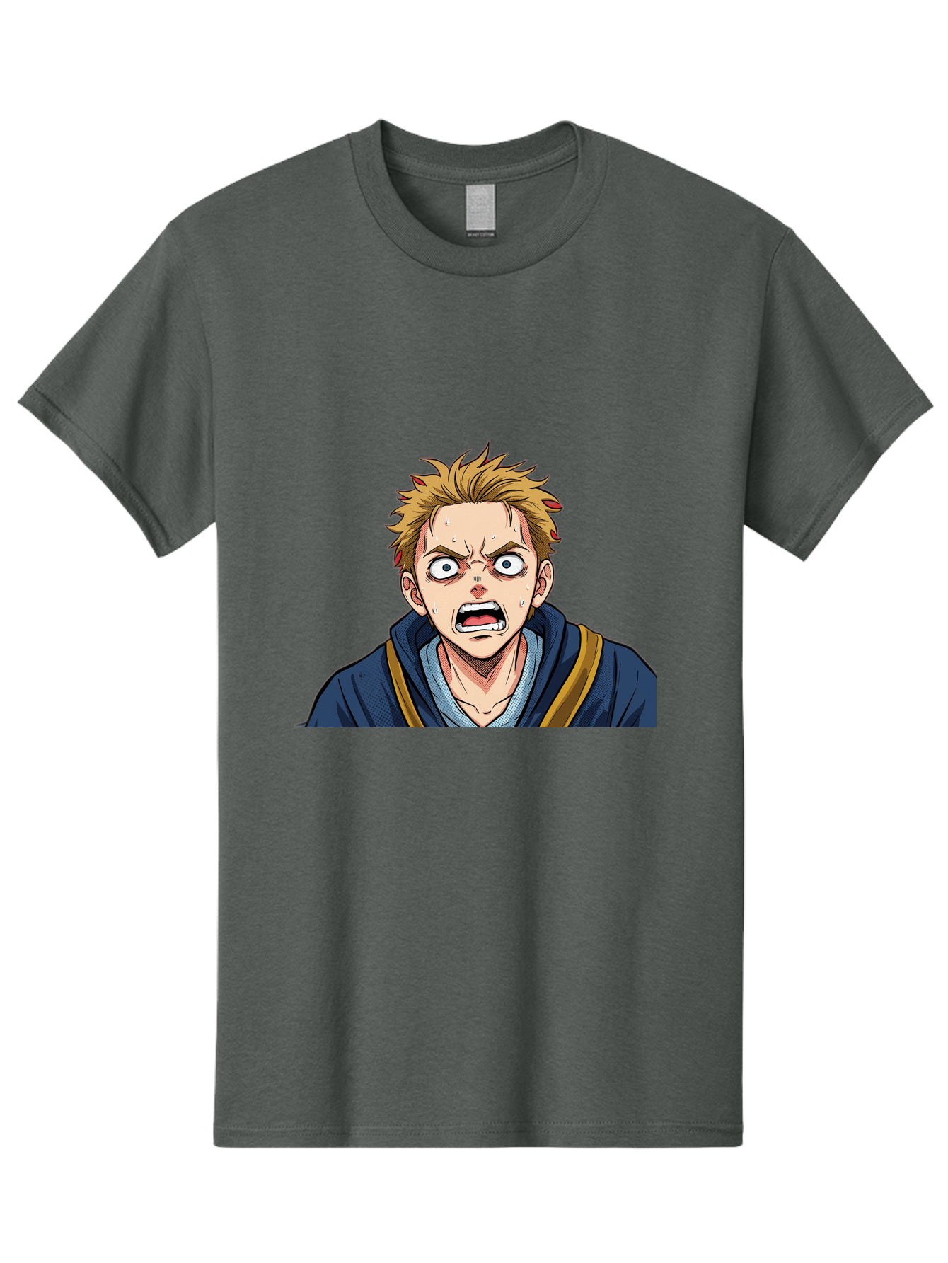 Angry-Anime-Boy Men'S Graphic Tee, 100% Cotton, Comfortable Casual Summer Wear, Machine Washable, Cartoon Character, Young Man, Blond Hair, Blue Hoodie, Shocked Expression, Wide-Eyed, Open-Mouthed, Intense Emotion, Dynamic Pose, Bab644