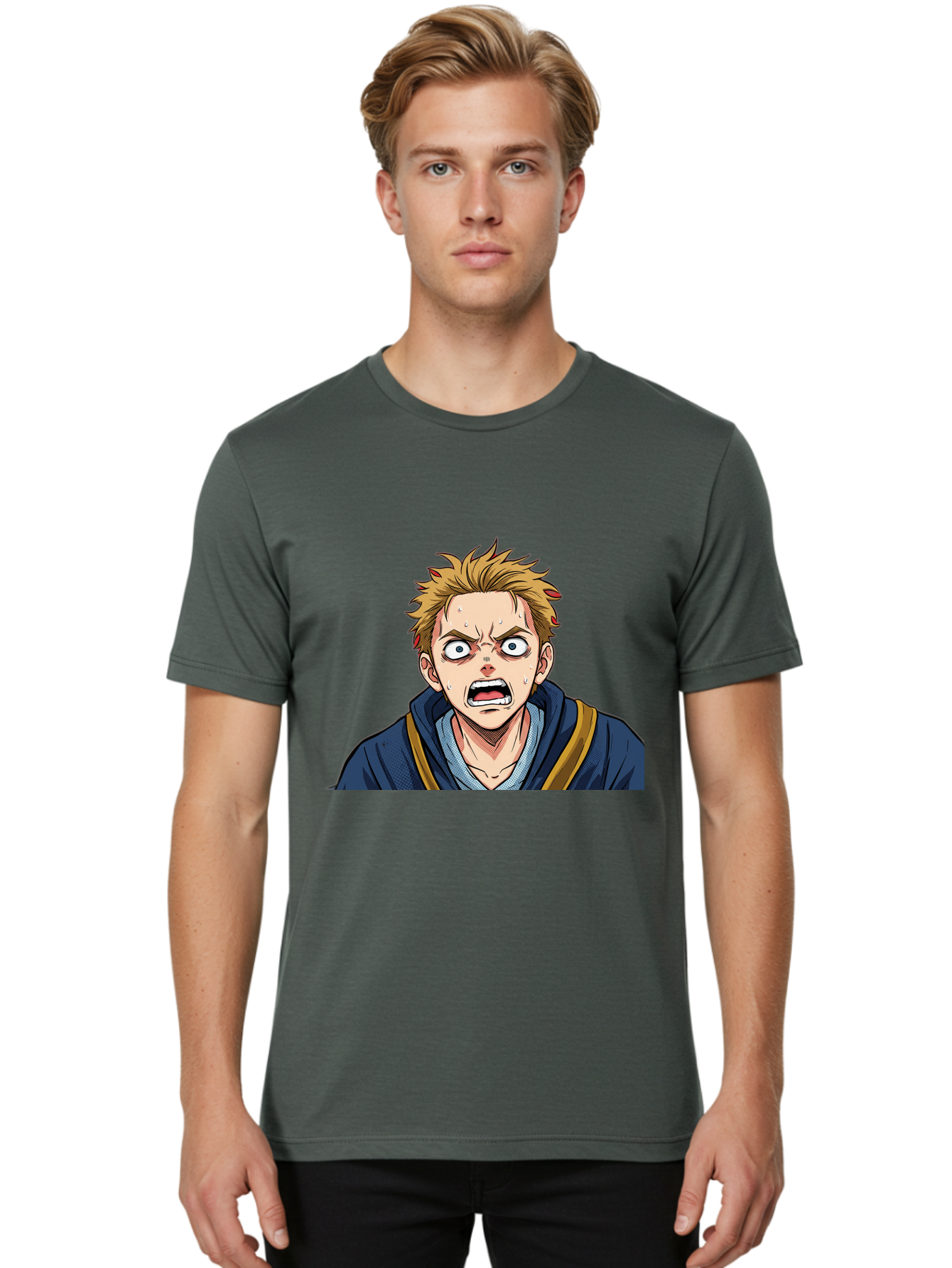 Angry-Anime-Boy Men'S Graphic Tee, 100% Cotton, Comfortable Casual Summer Wear, Machine Washable, Cartoon Character, Young Man, Blond Hair, Blue Hoodie, Shocked Expression, Wide-Eyed, Open-Mouthed, Intense Emotion, Dynamic Pose, Bab644