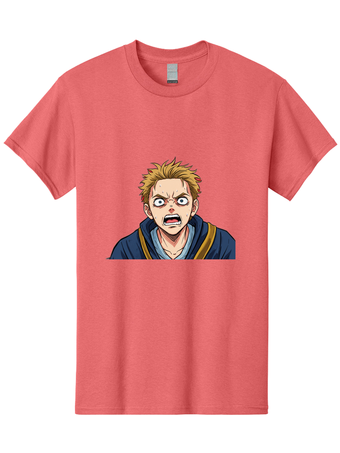 Angry-Anime-Boy Men'S Graphic Tee, 100% Cotton, Comfortable Casual Summer Wear, Machine Washable, Cartoon Character, Young Man, Blond Hair, Blue Hoodie, Shocked Expression, Wide-Eyed, Open-Mouthed, Intense Emotion, Dynamic Pose, Bab644