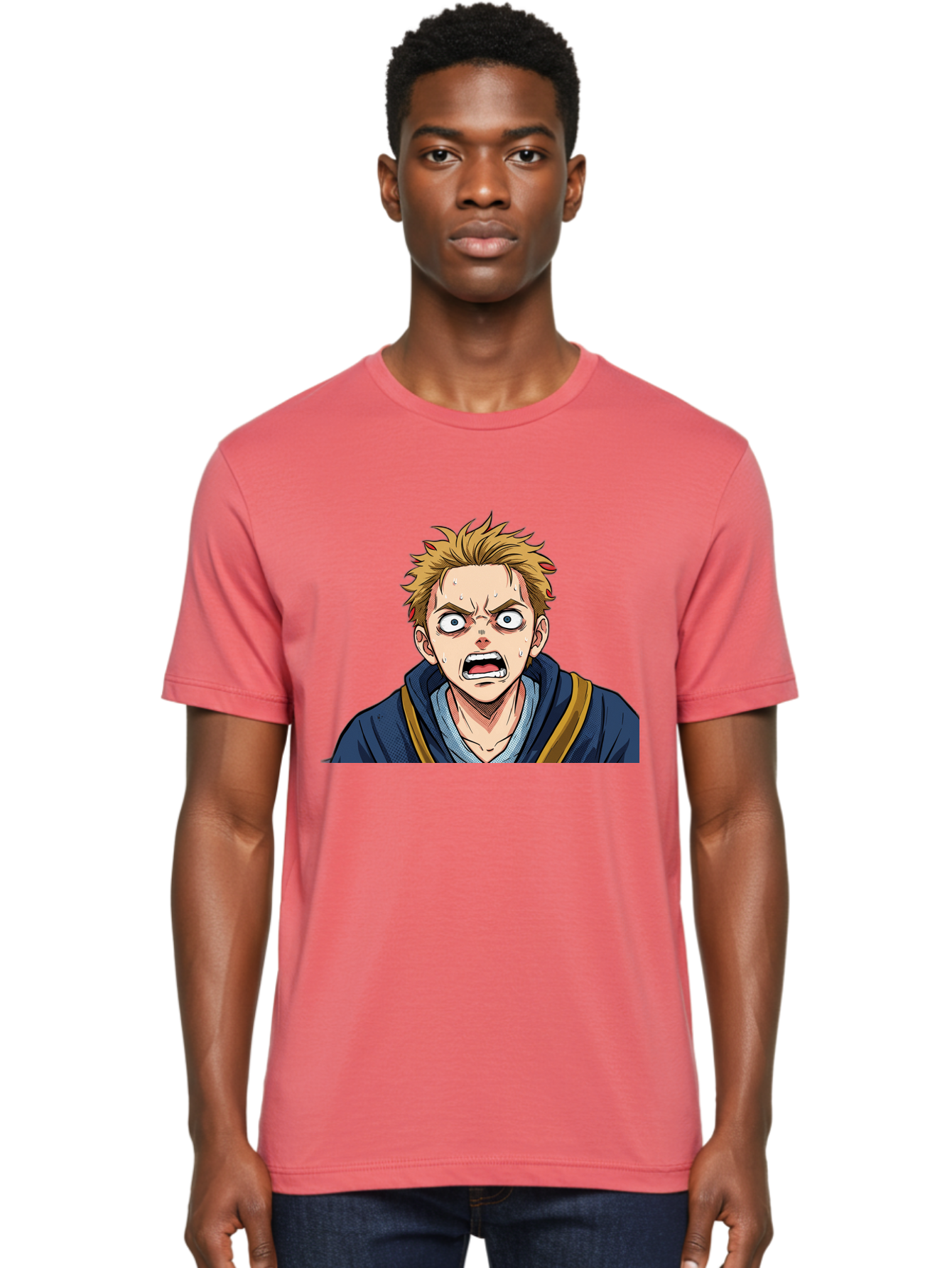 Angry-Anime-Boy Men'S Graphic Tee, 100% Cotton, Comfortable Casual Summer Wear, Machine Washable, Cartoon Character, Young Man, Blond Hair, Blue Hoodie, Shocked Expression, Wide-Eyed, Open-Mouthed, Intense Emotion, Dynamic Pose, Bab644