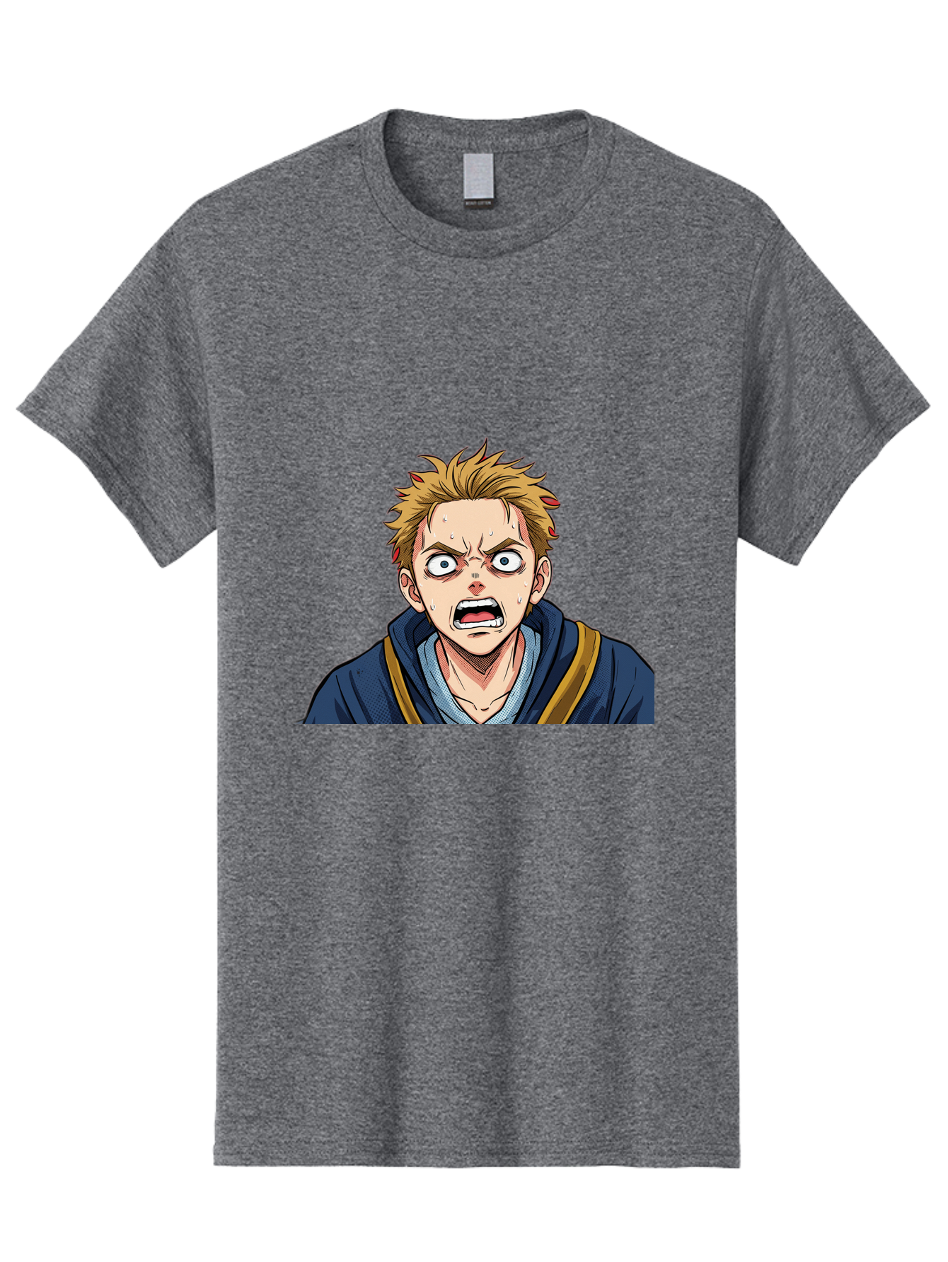 Angry-Anime-Boy Men'S Graphic Tee, 100% Cotton, Comfortable Casual Summer Wear, Machine Washable, Cartoon Character, Young Man, Blond Hair, Blue Hoodie, Shocked Expression, Wide-Eyed, Open-Mouthed, Intense Emotion, Dynamic Pose, Bab644