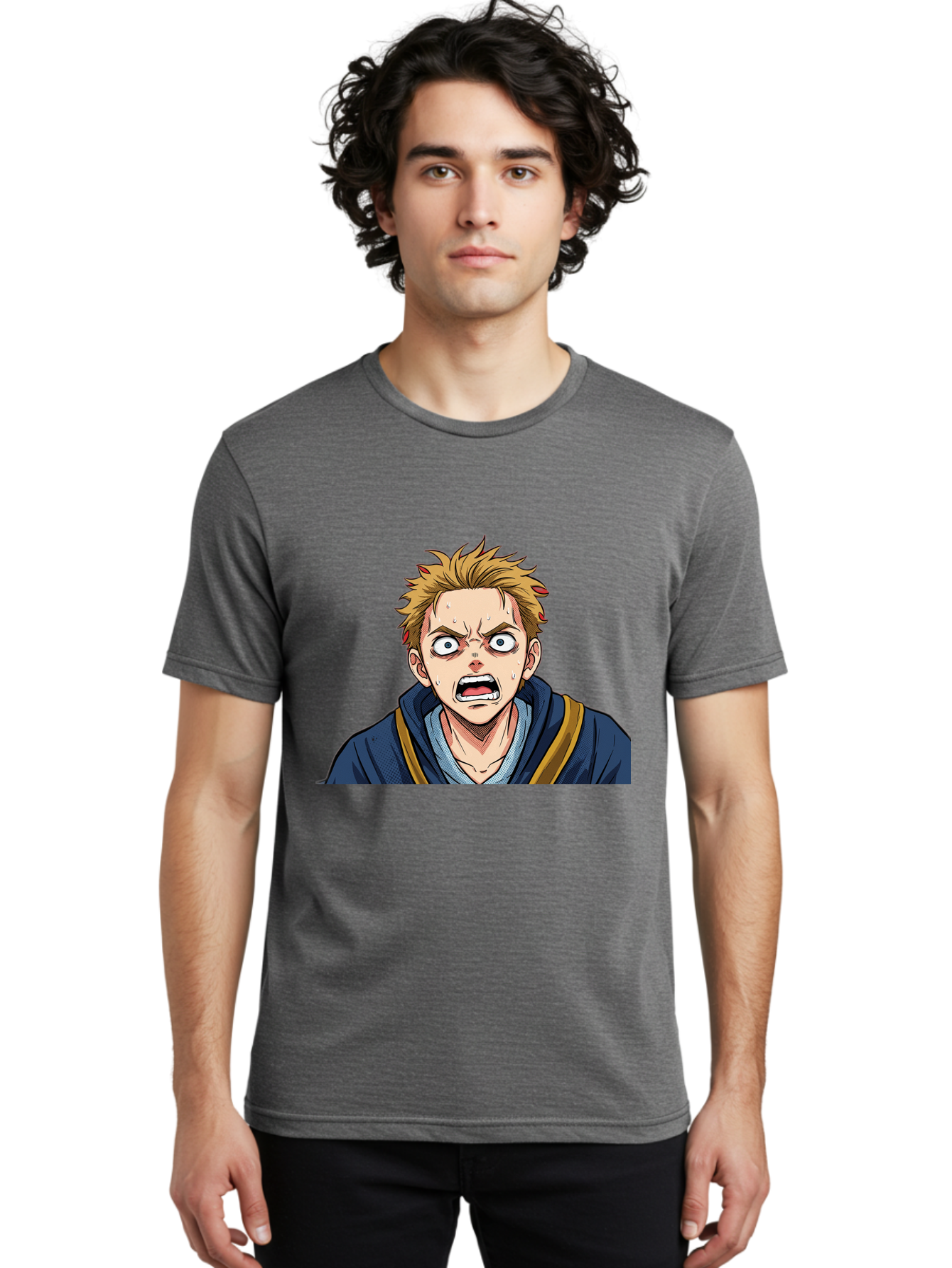 Angry-Anime-Boy Men'S Graphic Tee, 100% Cotton, Comfortable Casual Summer Wear, Machine Washable, Cartoon Character, Young Man, Blond Hair, Blue Hoodie, Shocked Expression, Wide-Eyed, Open-Mouthed, Intense Emotion, Dynamic Pose, Bab644