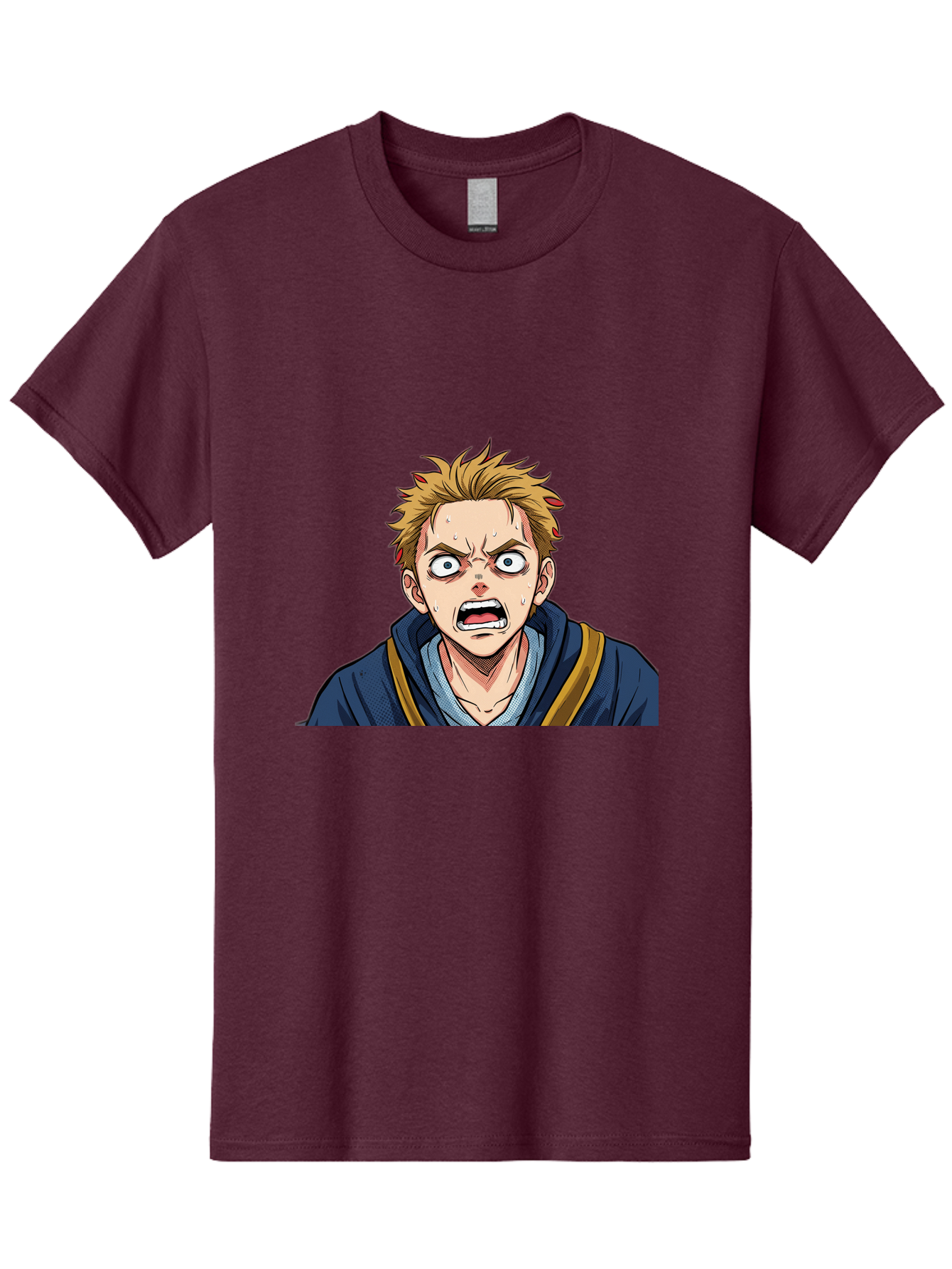 Angry-Anime-Boy Men'S Graphic Tee, 100% Cotton, Comfortable Casual Summer Wear, Machine Washable, Cartoon Character, Young Man, Blond Hair, Blue Hoodie, Shocked Expression, Wide-Eyed, Open-Mouthed, Intense Emotion, Dynamic Pose, Bab644