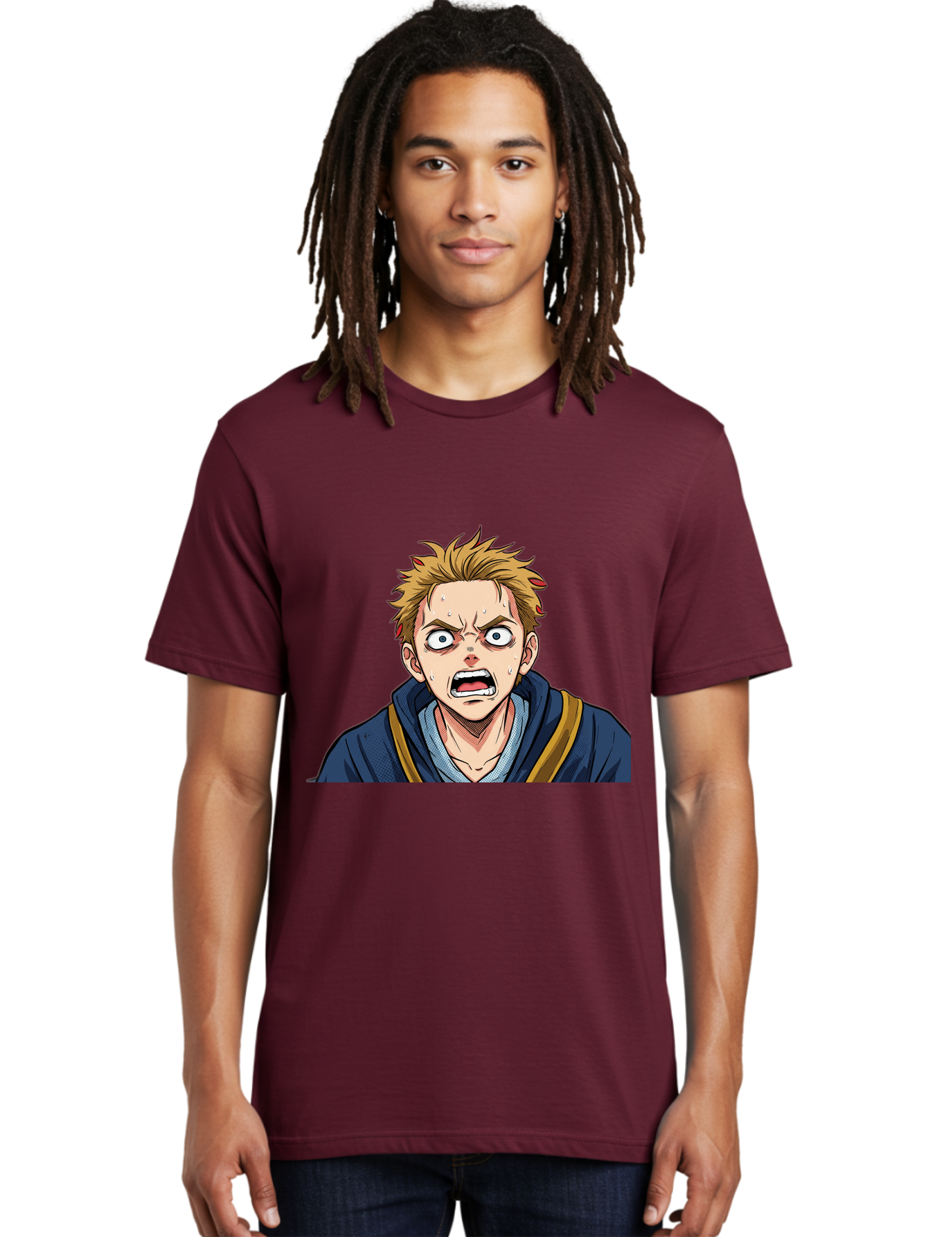 Angry-Anime-Boy Men'S Graphic Tee, 100% Cotton, Comfortable Casual Summer Wear, Machine Washable, Cartoon Character, Young Man, Blond Hair, Blue Hoodie, Shocked Expression, Wide-Eyed, Open-Mouthed, Intense Emotion, Dynamic Pose, Bab644