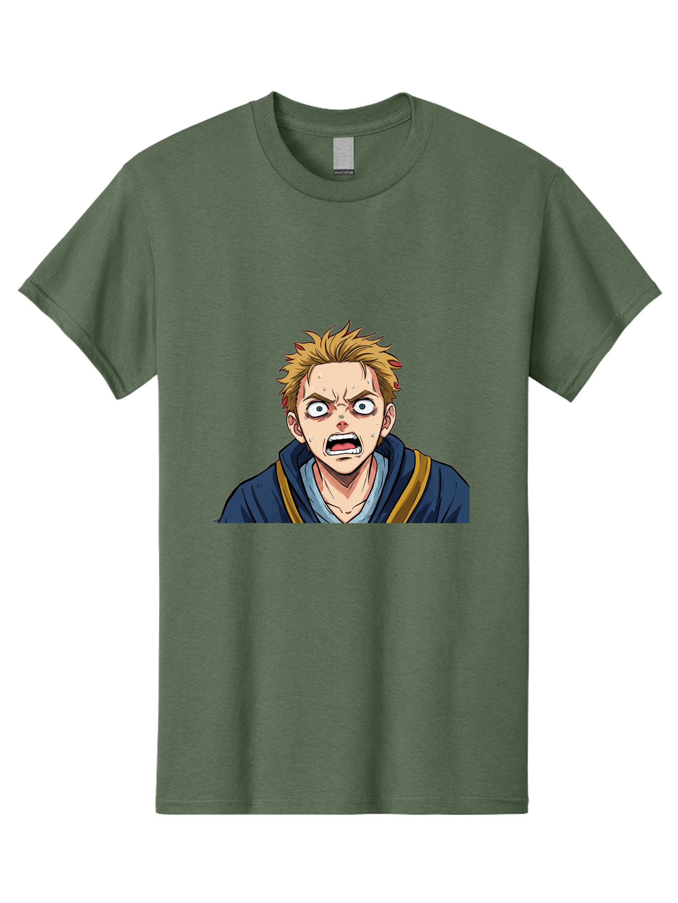 Angry-Anime-Boy Men'S Graphic Tee, 100% Cotton, Comfortable Casual Summer Wear, Machine Washable, Cartoon Character, Young Man, Blond Hair, Blue Hoodie, Shocked Expression, Wide-Eyed, Open-Mouthed, Intense Emotion, Dynamic Pose, Bab644