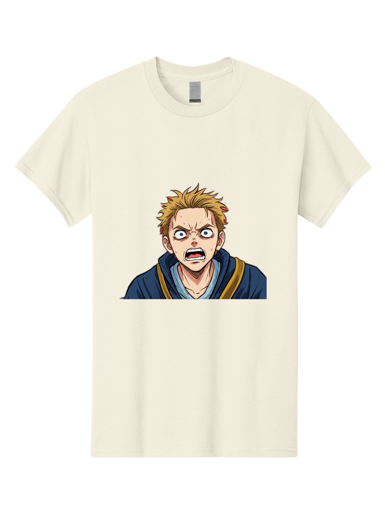 Angry-Anime-Boy Men'S Graphic Tee, 100% Cotton, Comfortable Casual Summer Wear, Machine Washable, Cartoon Character, Young Man, Blond Hair, Blue Hoodie, Shocked Expression, Wide-Eyed, Open-Mouthed, Intense Emotion, Dynamic Pose, Bab644