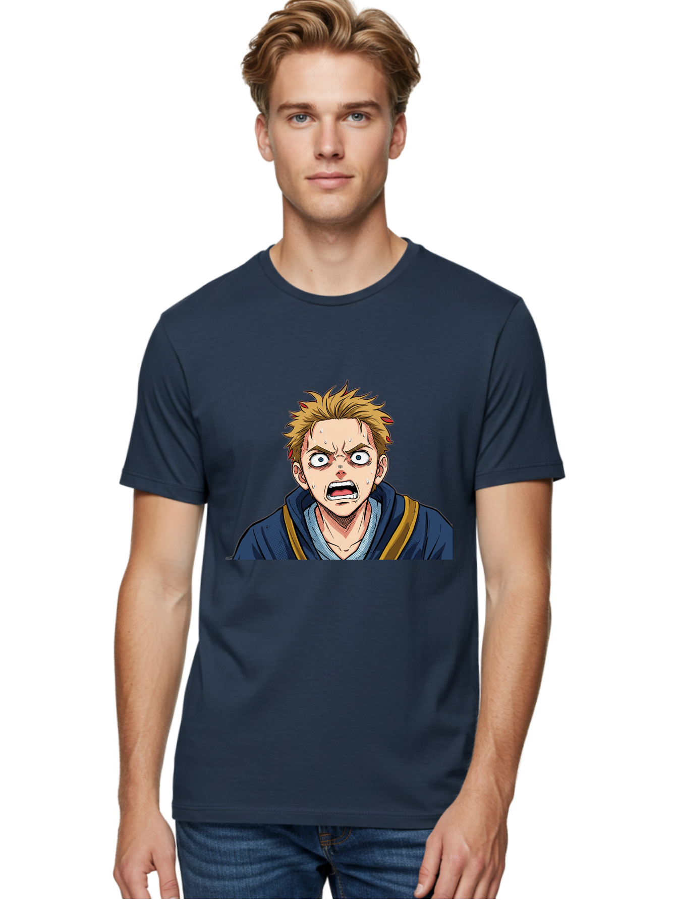Angry-Anime-Boy Men'S Graphic Tee, 100% Cotton, Comfortable Casual Summer Wear, Machine Washable, Cartoon Character, Young Man, Blond Hair, Blue Hoodie, Shocked Expression, Wide-Eyed, Open-Mouthed, Intense Emotion, Dynamic Pose, Bab644