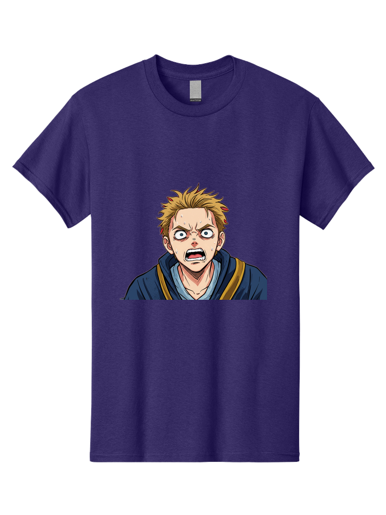 Angry-Anime-Boy Men'S Graphic Tee, 100% Cotton, Comfortable Casual Summer Wear, Machine Washable, Cartoon Character, Young Man, Blond Hair, Blue Hoodie, Shocked Expression, Wide-Eyed, Open-Mouthed, Intense Emotion, Dynamic Pose, Bab644
