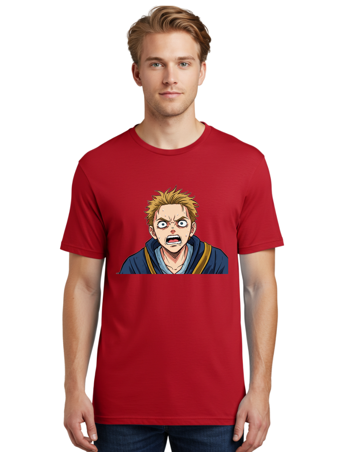 Angry-Anime-Boy Men'S Graphic Tee, 100% Cotton, Comfortable Casual Summer Wear, Machine Washable, Cartoon Character, Young Man, Blond Hair, Blue Hoodie, Shocked Expression, Wide-Eyed, Open-Mouthed, Intense Emotion, Dynamic Pose, Bab644