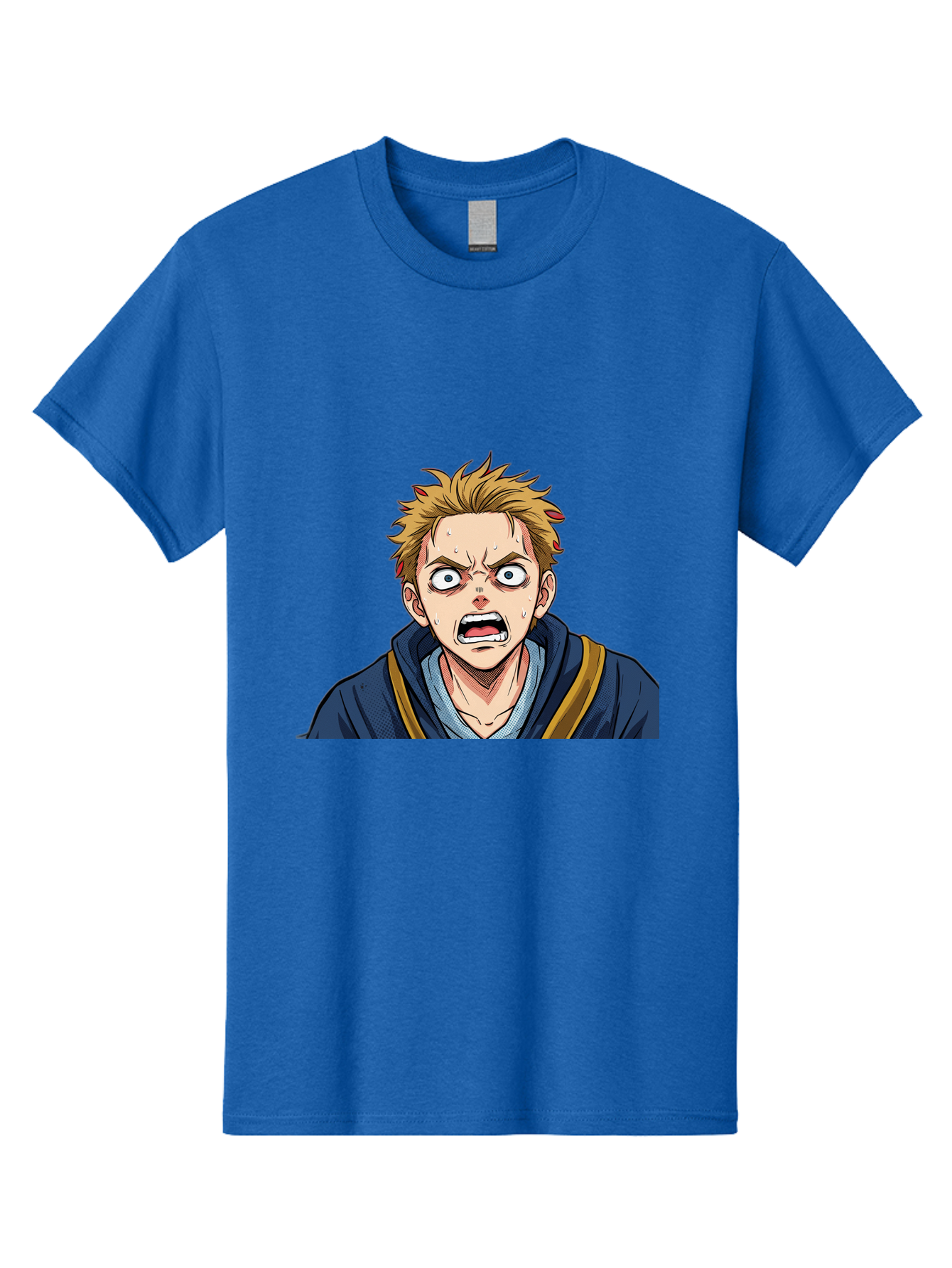 Angry-Anime-Boy Men'S Graphic Tee, 100% Cotton, Comfortable Casual Summer Wear, Machine Washable, Cartoon Character, Young Man, Blond Hair, Blue Hoodie, Shocked Expression, Wide-Eyed, Open-Mouthed, Intense Emotion, Dynamic Pose, Bab644