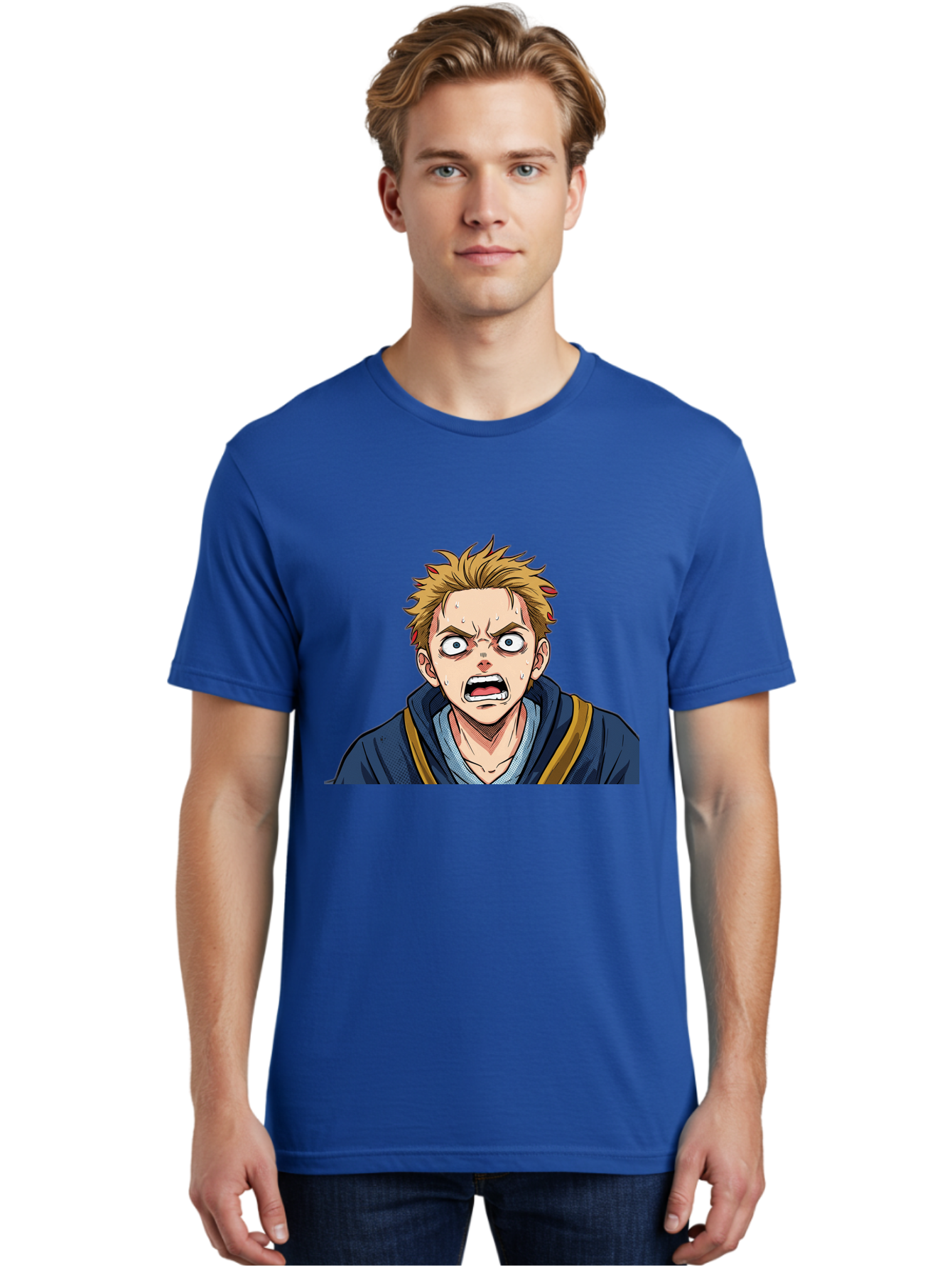 Angry-Anime-Boy Men'S Graphic Tee, 100% Cotton, Comfortable Casual Summer Wear, Machine Washable, Cartoon Character, Young Man, Blond Hair, Blue Hoodie, Shocked Expression, Wide-Eyed, Open-Mouthed, Intense Emotion, Dynamic Pose, Bab644