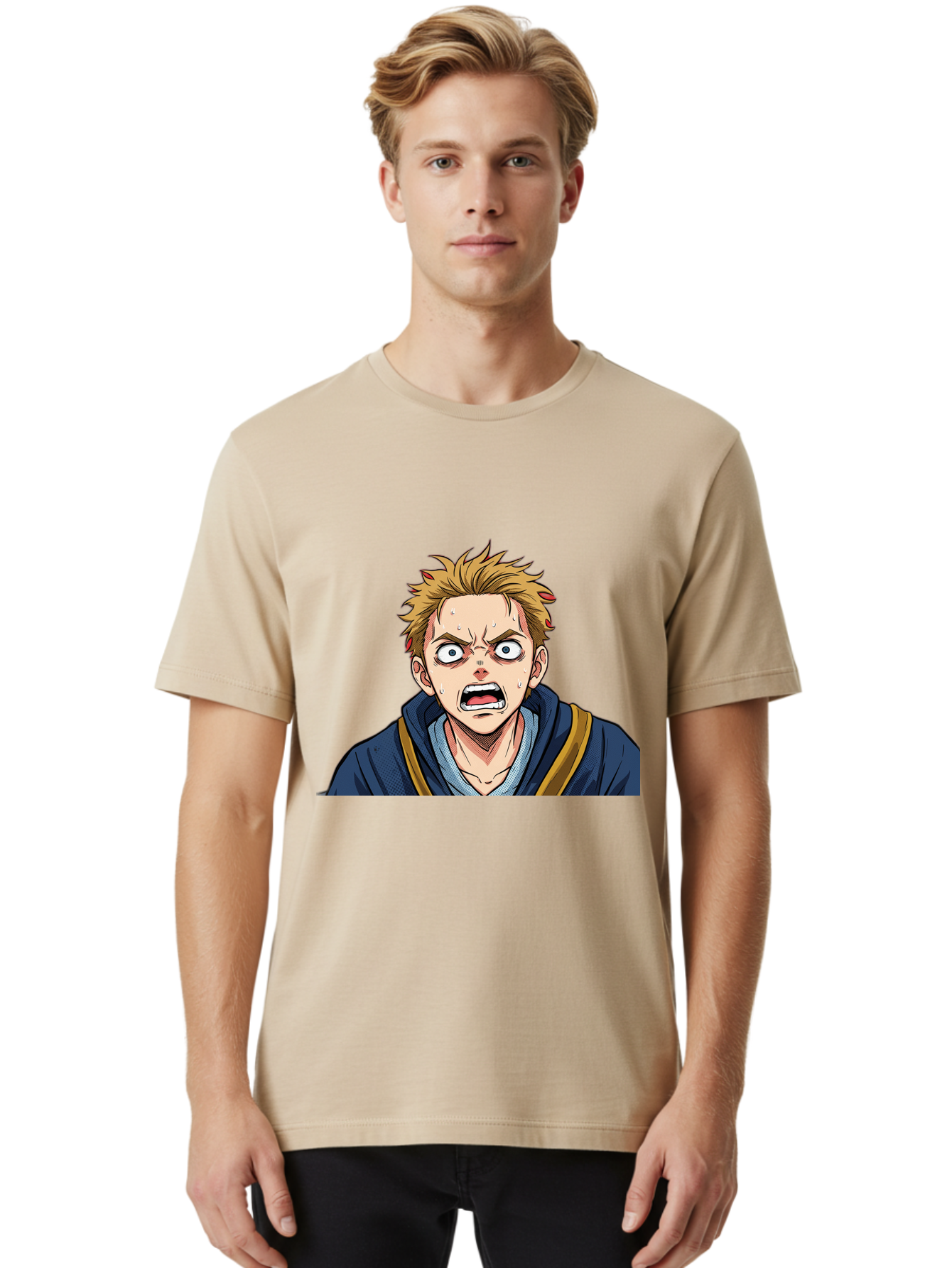 Angry-Anime-Boy Men'S Graphic Tee, 100% Cotton, Comfortable Casual Summer Wear, Machine Washable, Cartoon Character, Young Man, Blond Hair, Blue Hoodie, Shocked Expression, Wide-Eyed, Open-Mouthed, Intense Emotion, Dynamic Pose, Bab644