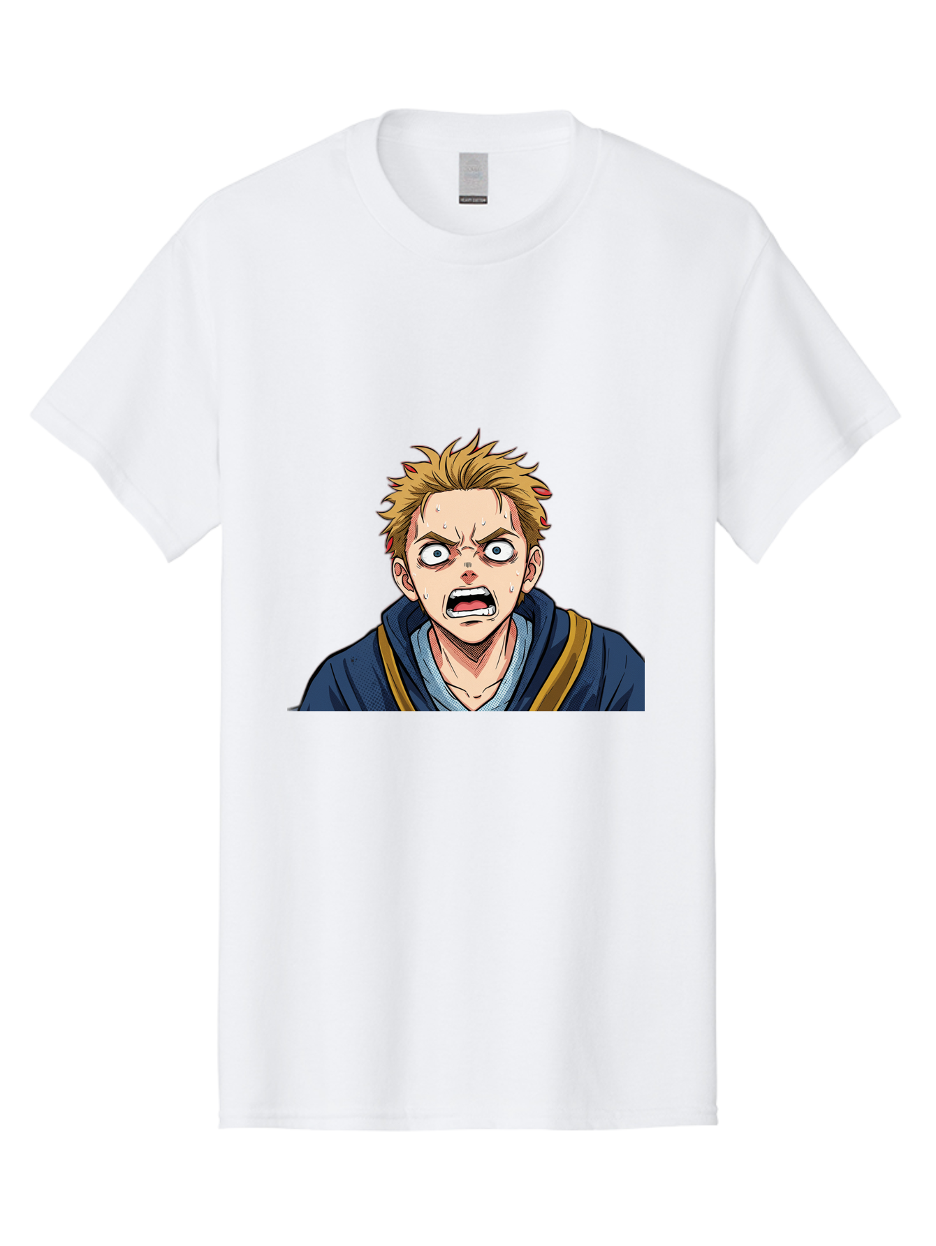 Angry-Anime-Boy Men'S Graphic Tee, 100% Cotton, Comfortable Casual Summer Wear, Machine Washable, Cartoon Character, Young Man, Blond Hair, Blue Hoodie, Shocked Expression, Wide-Eyed, Open-Mouthed, Intense Emotion, Dynamic Pose, Bab644