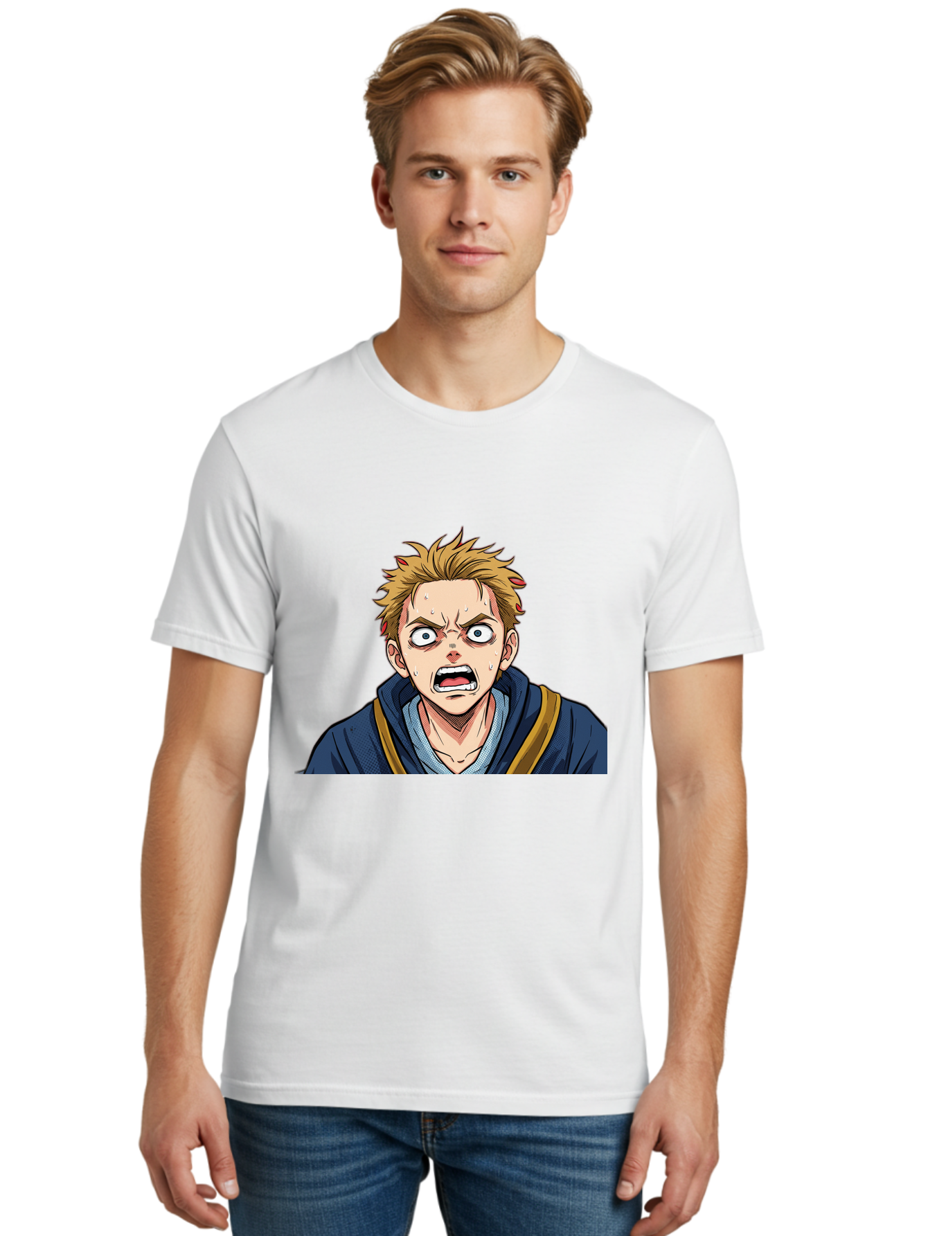 Angry-Anime-Boy Men'S Graphic Tee, 100% Cotton, Comfortable Casual Summer Wear, Machine Washable, Cartoon Character, Young Man, Blond Hair, Blue Hoodie, Shocked Expression, Wide-Eyed, Open-Mouthed, Intense Emotion, Dynamic Pose, Bab644