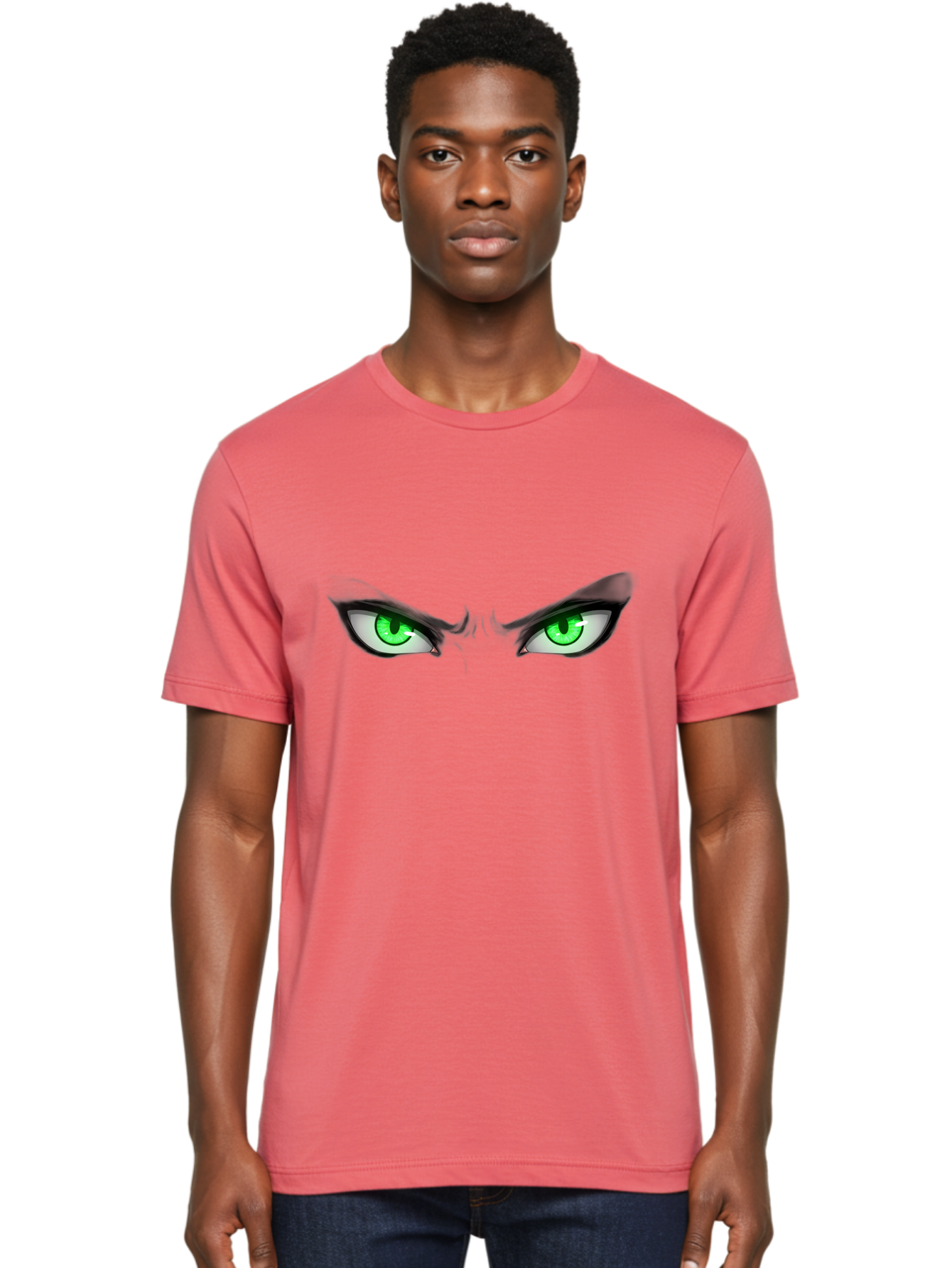 Angry-Eyes Men'S Graphic Tee, 100% Cotton, Comfortable Casual Summer Wear, Machine Washable, Menacing Stare, Intense Gaze, Green Eyes, Anime Style, Aggressive Expression, Bold Eyebrows, Cartoon Character, Dramatic Look Bab646