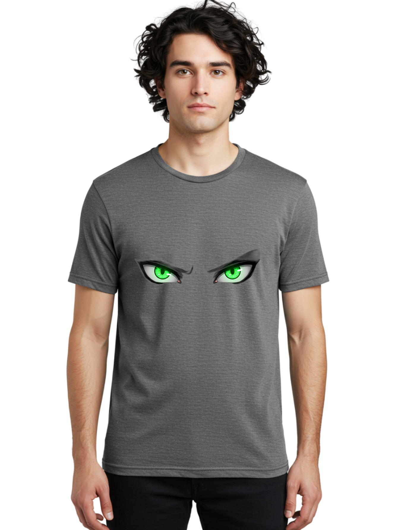 Angry-Eyes Men'S Graphic Tee, 100% Cotton, Comfortable Casual Summer Wear, Machine Washable, Menacing Stare, Intense Gaze, Green Eyes, Anime Style, Aggressive Expression, Bold Eyebrows, Cartoon Character, Dramatic Look Bab646