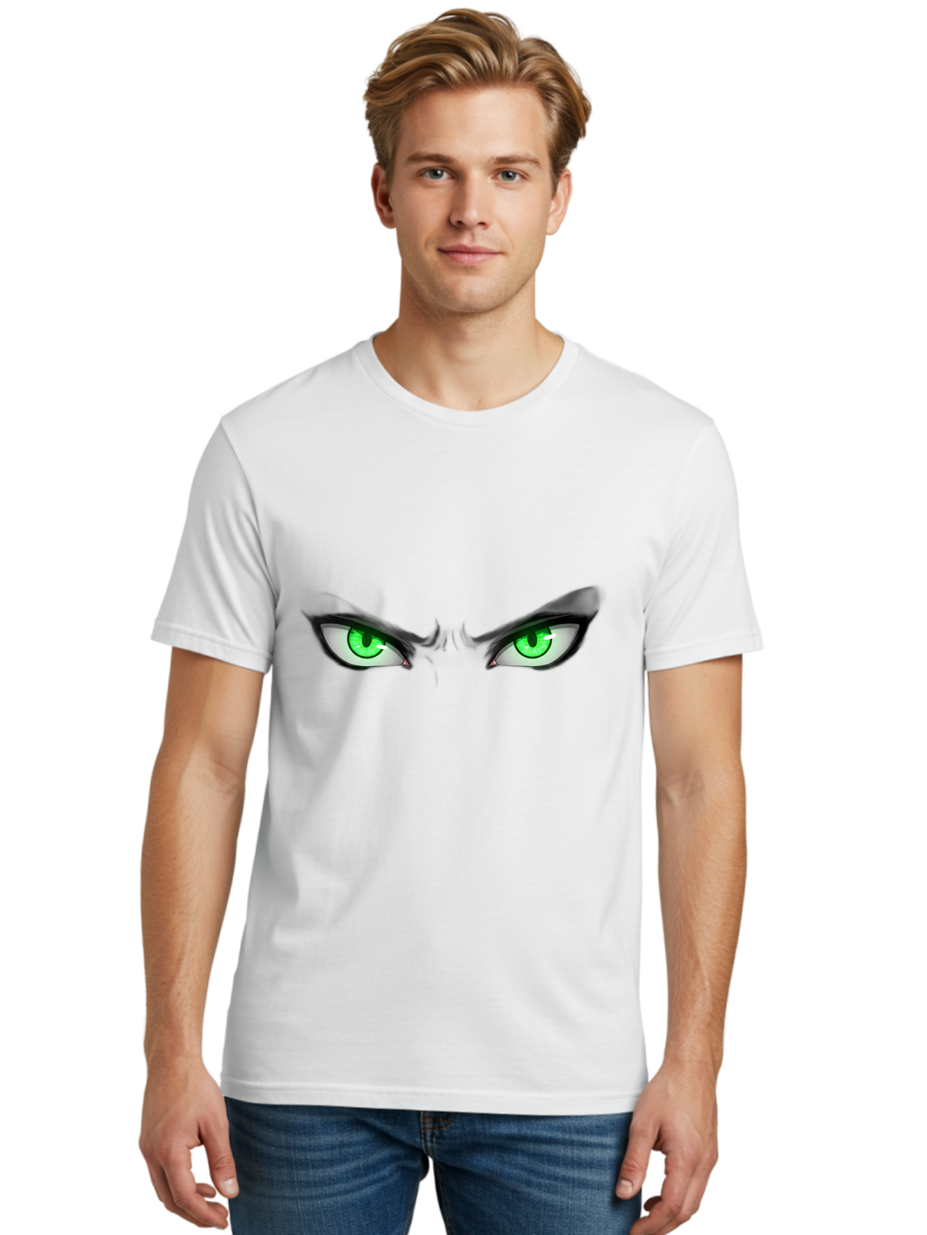 Angry-Eyes Men'S Graphic Tee, 100% Cotton, Comfortable Casual Summer Wear, Machine Washable, Menacing Stare, Intense Gaze, Green Eyes, Anime Style, Aggressive Expression, Bold Eyebrows, Cartoon Character, Dramatic Look Bab646
