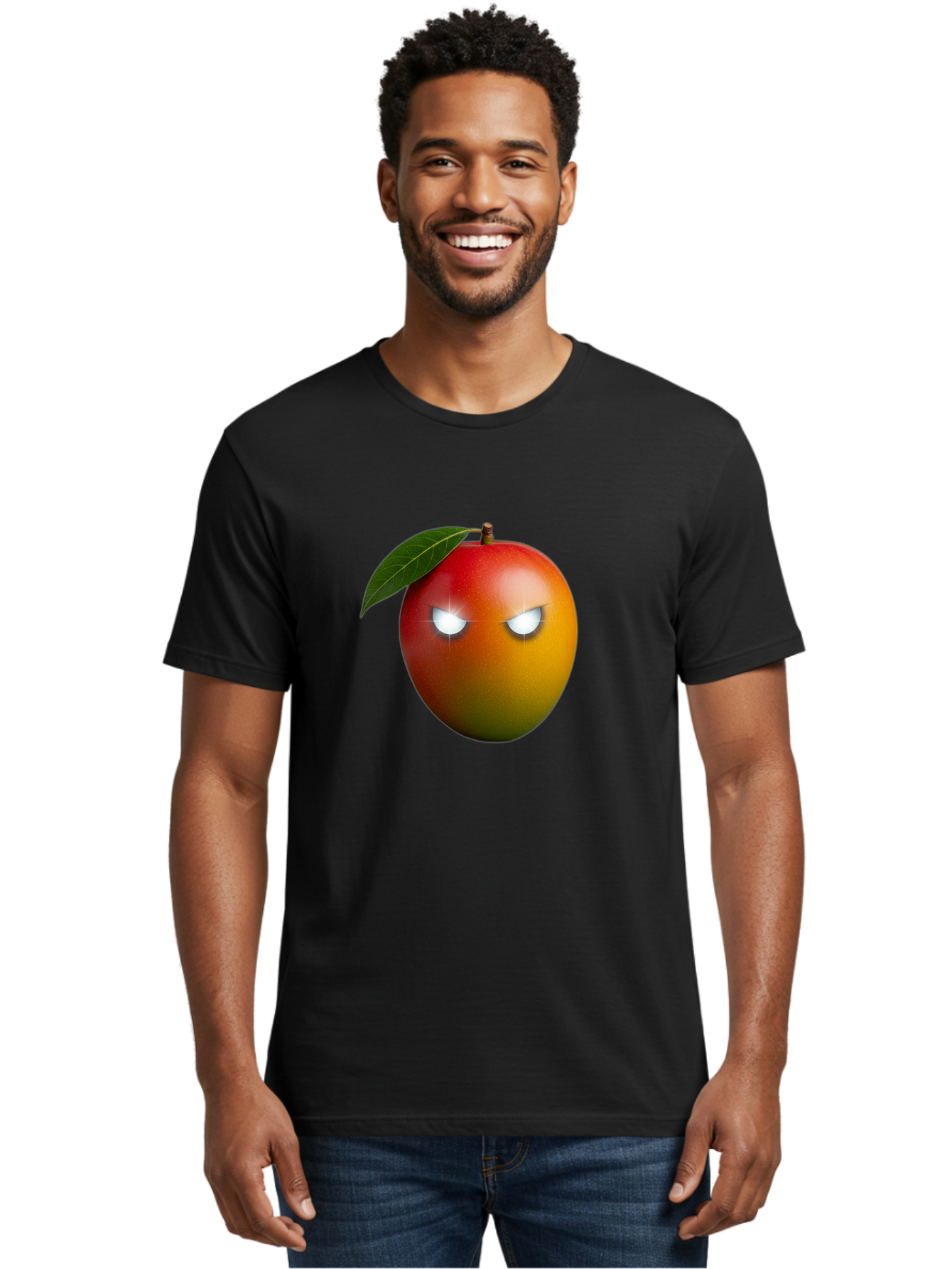 Angry-Mango Men'S Graphic Tee, 100% Cotton, Comfortable Casual Summer Wear, Machine Washable, Angry Mango Face, Mango Fruit, Cartoon Character, Aggressive Expression, Fruit Emoji, Vibrant Colors, Leafy Top, Fun Design, Playful Illustration, Bab647