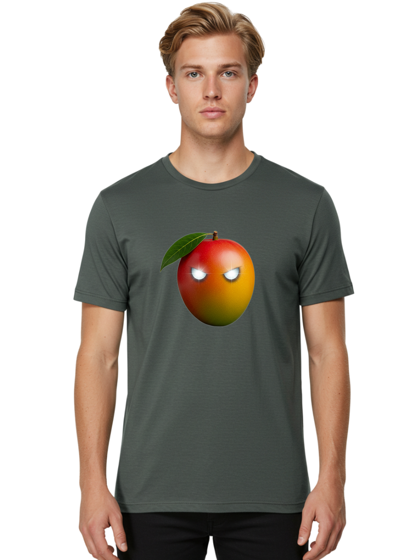 Angry-Mango Men'S Graphic Tee, 100% Cotton, Comfortable Casual Summer Wear, Machine Washable, Angry Mango Face, Mango Fruit, Cartoon Character, Aggressive Expression, Fruit Emoji, Vibrant Colors, Leafy Top, Fun Design, Playful Illustration, Bab647