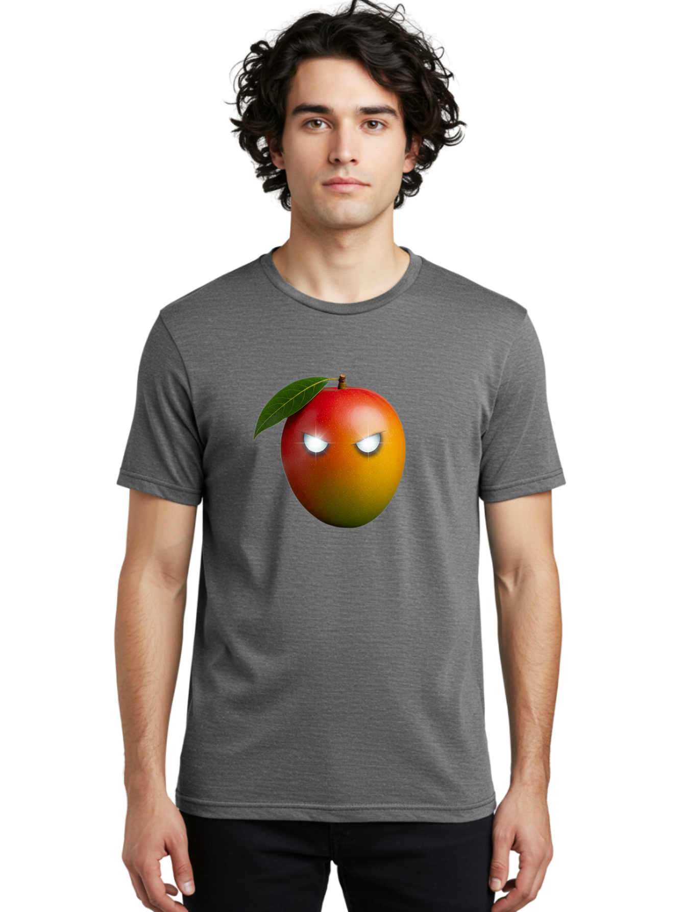 Angry-Mango Men'S Graphic Tee, 100% Cotton, Comfortable Casual Summer Wear, Machine Washable, Angry Mango Face, Mango Fruit, Cartoon Character, Aggressive Expression, Fruit Emoji, Vibrant Colors, Leafy Top, Fun Design, Playful Illustration, Bab647
