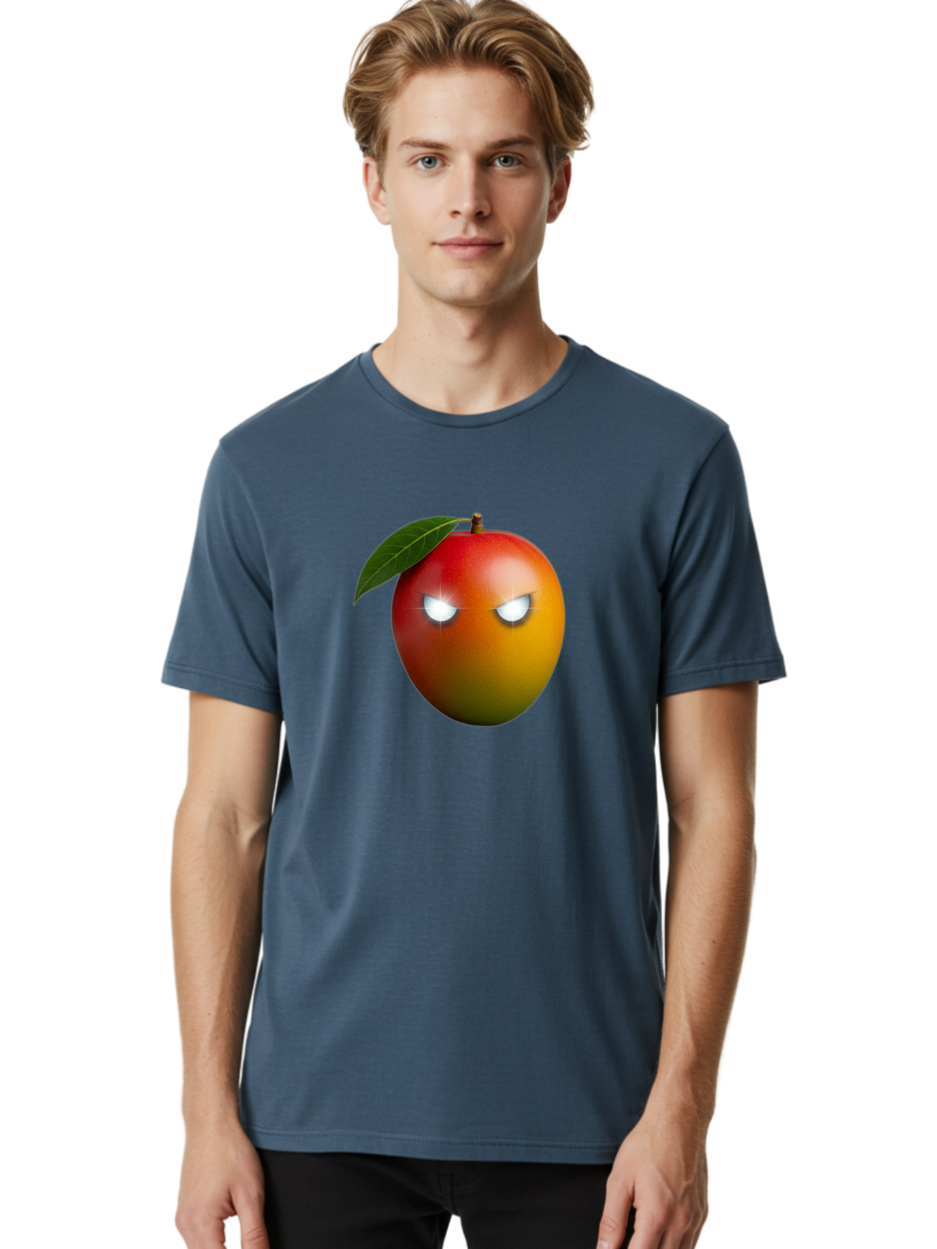 Angry-Mango Men'S Graphic Tee, 100% Cotton, Comfortable Casual Summer Wear, Machine Washable, Angry Mango Face, Mango Fruit, Cartoon Character, Aggressive Expression, Fruit Emoji, Vibrant Colors, Leafy Top, Fun Design, Playful Illustration, Bab647