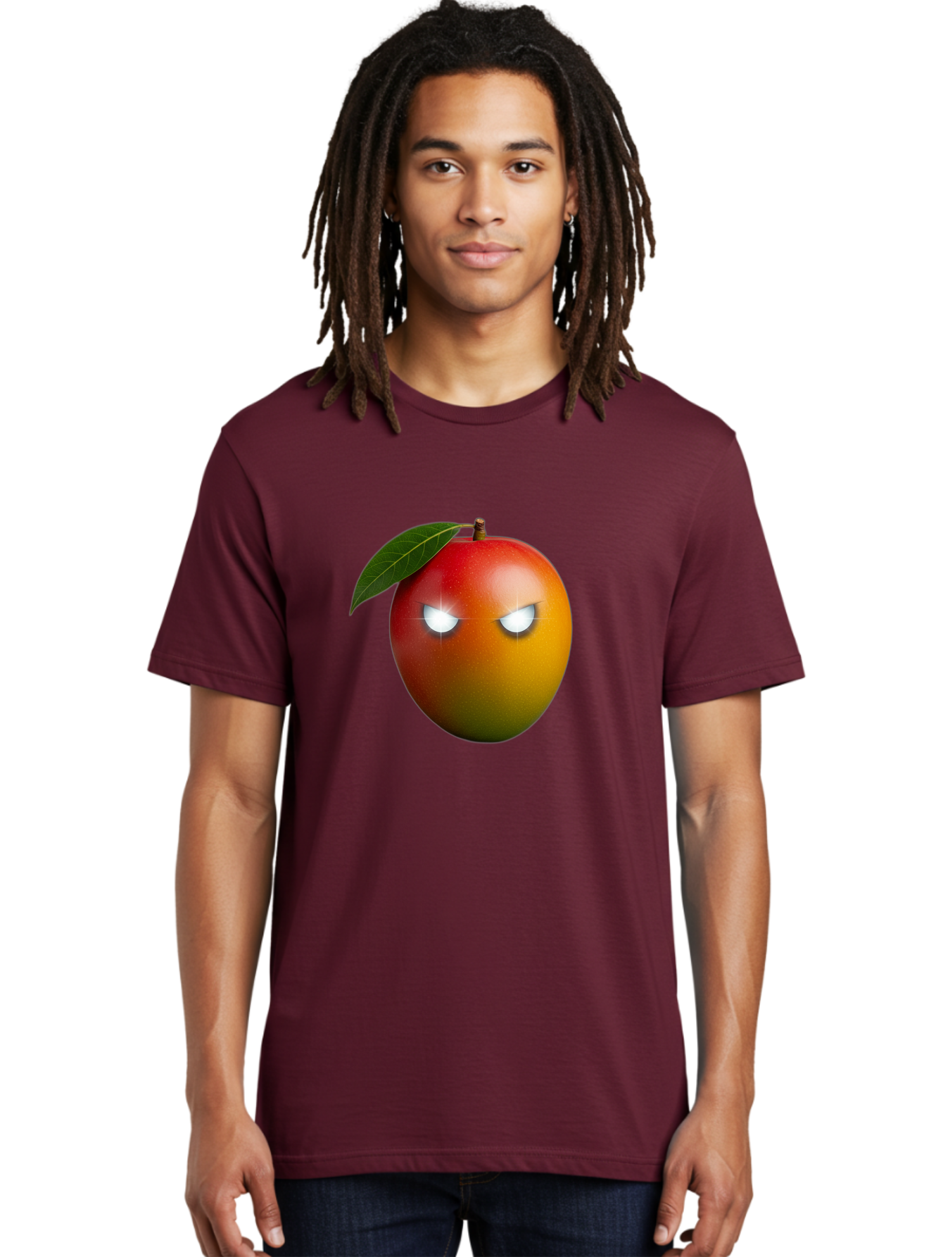 Angry-Mango Men'S Graphic Tee, 100% Cotton, Comfortable Casual Summer Wear, Machine Washable, Angry Mango Face, Mango Fruit, Cartoon Character, Aggressive Expression, Fruit Emoji, Vibrant Colors, Leafy Top, Fun Design, Playful Illustration, Bab647