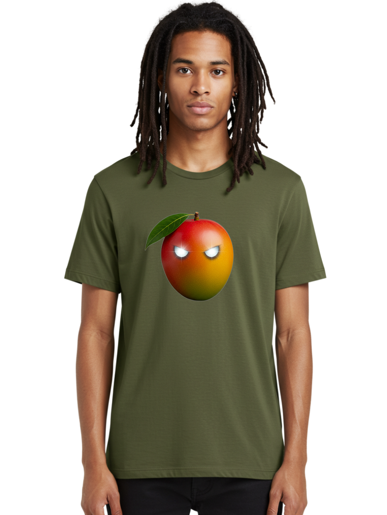 Angry-Mango Men'S Graphic Tee, 100% Cotton, Comfortable Casual Summer Wear, Machine Washable, Angry Mango Face, Mango Fruit, Cartoon Character, Aggressive Expression, Fruit Emoji, Vibrant Colors, Leafy Top, Fun Design, Playful Illustration, Bab647
