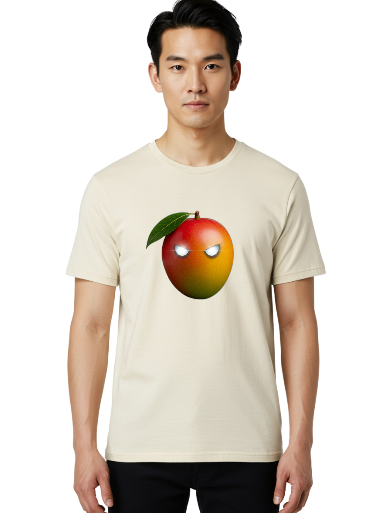 Angry-Mango Men'S Graphic Tee, 100% Cotton, Comfortable Casual Summer Wear, Machine Washable, Angry Mango Face, Mango Fruit, Cartoon Character, Aggressive Expression, Fruit Emoji, Vibrant Colors, Leafy Top, Fun Design, Playful Illustration, Bab647
