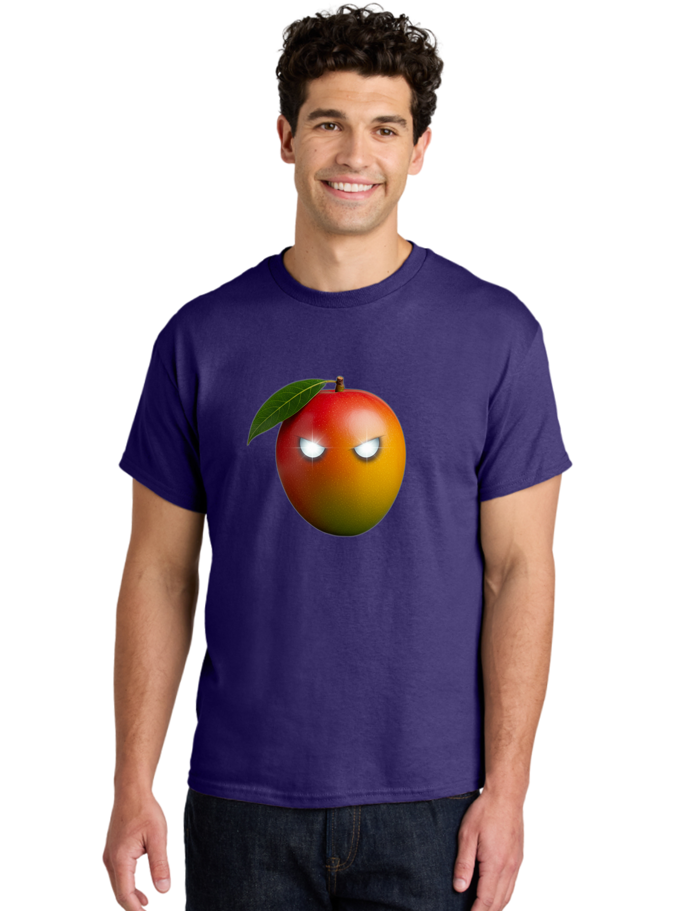 Angry-Mango Men'S Graphic Tee, 100% Cotton, Comfortable Casual Summer Wear, Machine Washable, Angry Mango Face, Mango Fruit, Cartoon Character, Aggressive Expression, Fruit Emoji, Vibrant Colors, Leafy Top, Fun Design, Playful Illustration, Bab647